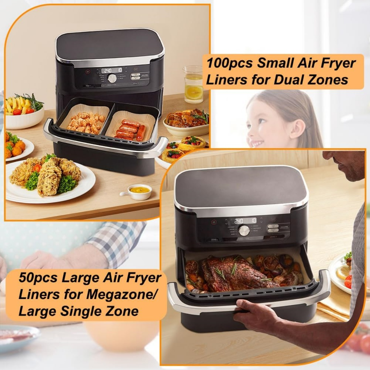 Eine Heißluftfritteuse mit Essen, umgeben von Gerichten. Text: 'Air Fryer Liner'. Ein Mädchen und ein Mann sind auch zu sehen.