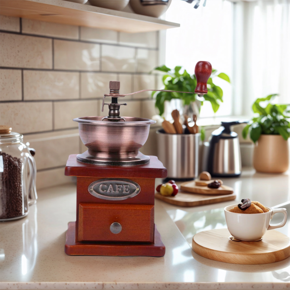 Eine alte Kaffeemühle steht auf einer Theke. Eine Tasse Kekse mit einer Kaffeebohne ruht auf einem Holzuntersetzer.