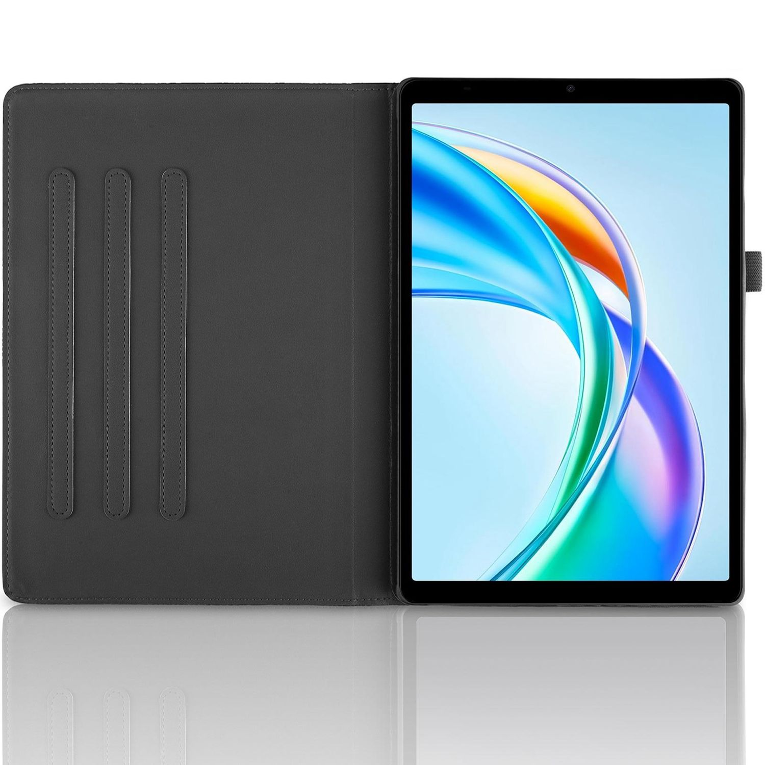 Una tableta en una funda gris oscuro, abierta para revelar la pantalla con un diseño de onda abstracta colorida y un borde negro.