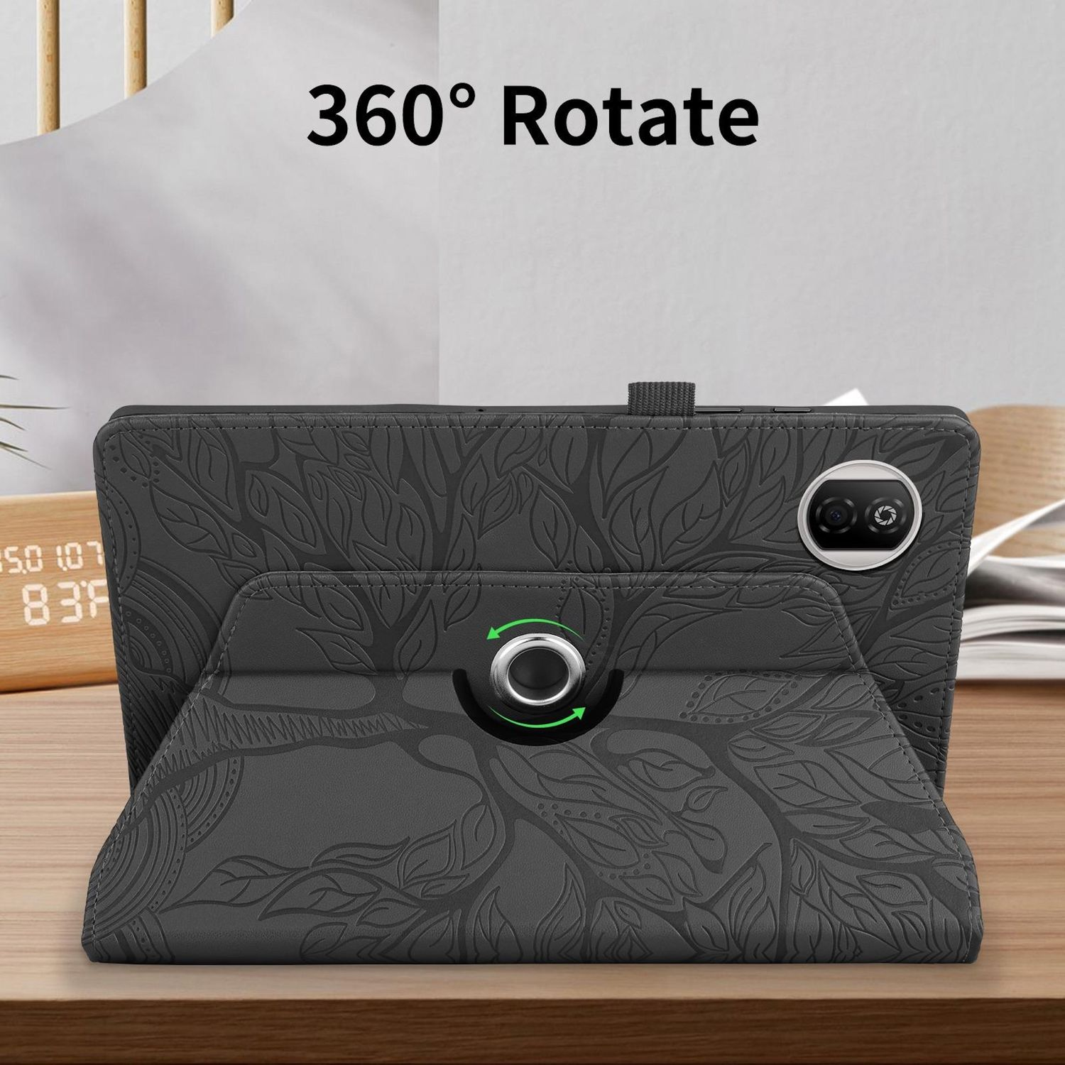 Una tableta con funda gris oscuro con diseño de árbol. La funda está abierta y se muestra una rotación de 360 grados.