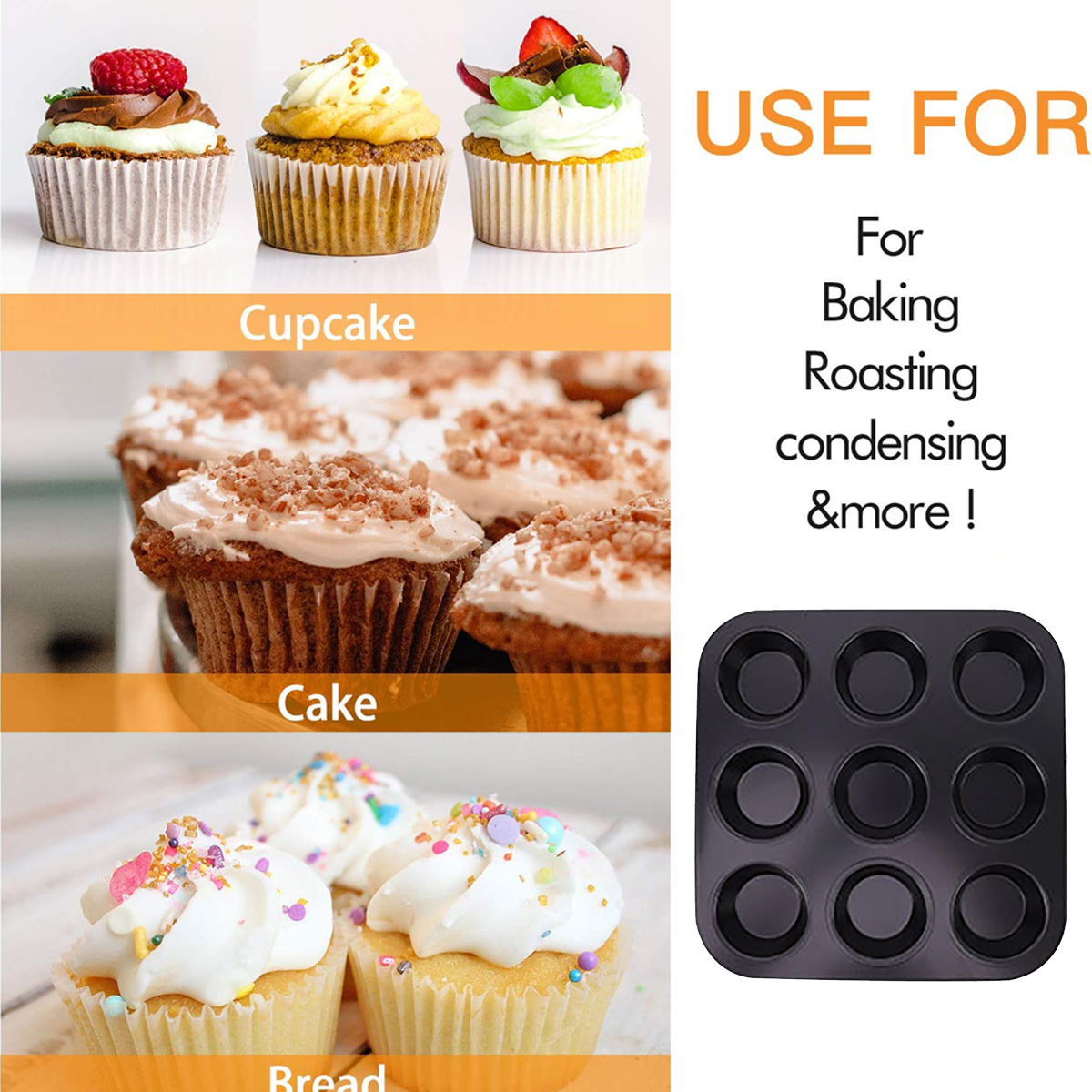 Das Bild zeigt Cupcakes und Kuchen, eine Muffinform und Text mit der Aufschrift 'Verwendung zum Backen' usw.