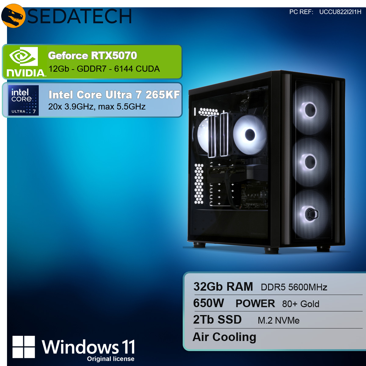 Un case per computer con ventole luminose. Il testo mostra Geforce RTX5070, Intel Core Ultra 7, 32Gb RAM, 2TB SSD e Windows 11.