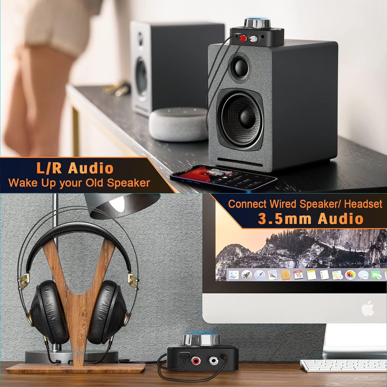 Ein Schreibtisch-Setup mit Lautsprechern, Kopfhörern und Audiogeräten. Text-Overlays werben für Audio-Konnektivitätsoptionen und -Funktionen.
