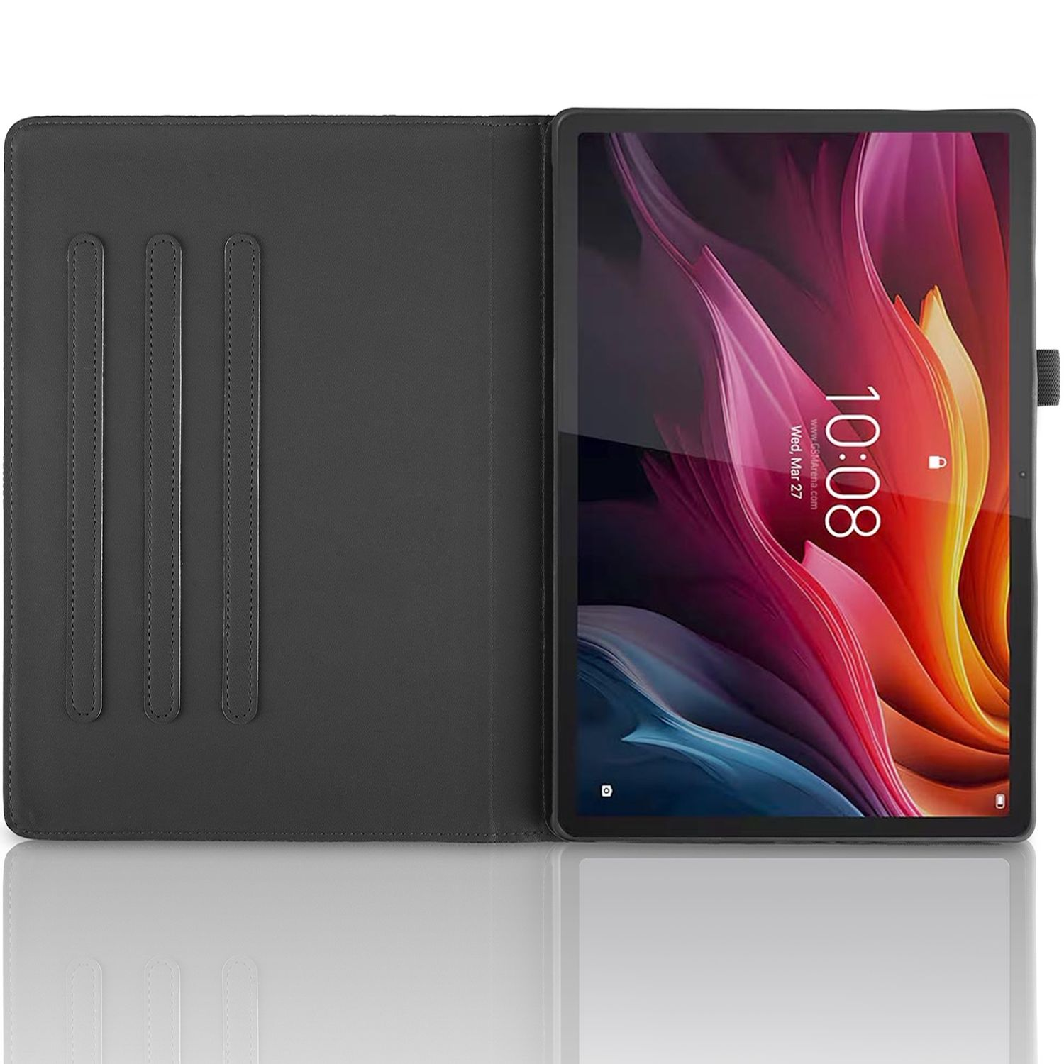 Tablet in schwarzer Hülle. Der Bildschirm zeigt ein farbenfrohes abstraktes Bild und die Uhrzeit. Die Hülle ist offen, mit Halter.