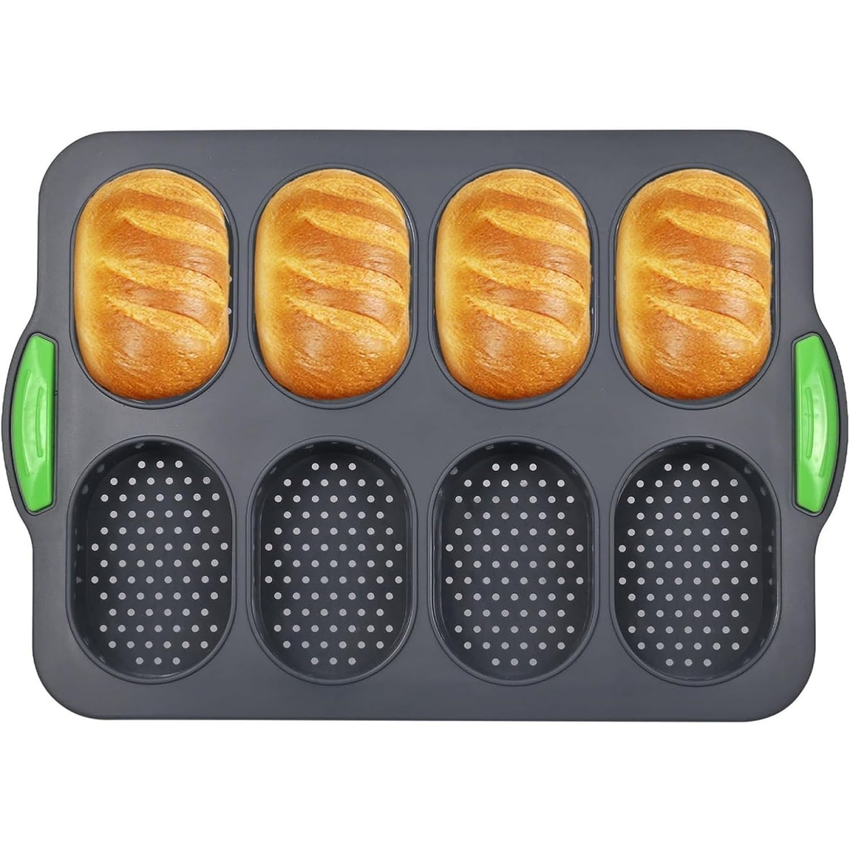 Vier Brotlaibe in einer Backform. Die Form ist grau mit grünen Griffen. Das Brot ist goldbraun.