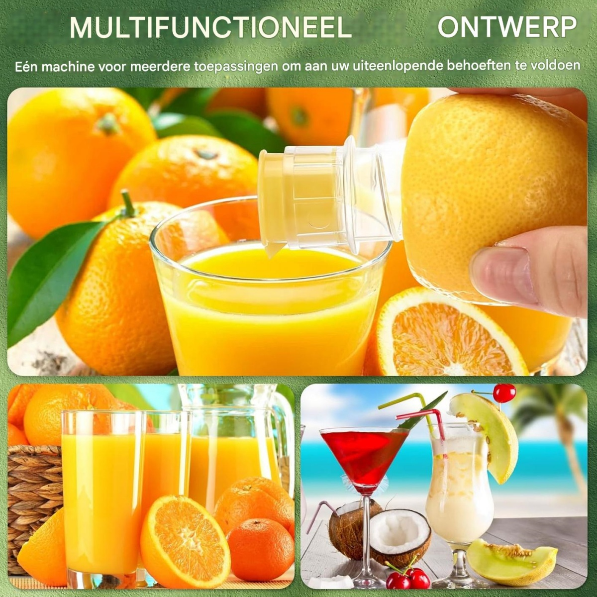 Das Bild zeigt Orangen, Saft und Cocktails. Eine Hand presst eine Zitrone aus. Das Bild wirbt für einen Multifunktionsentsafter.