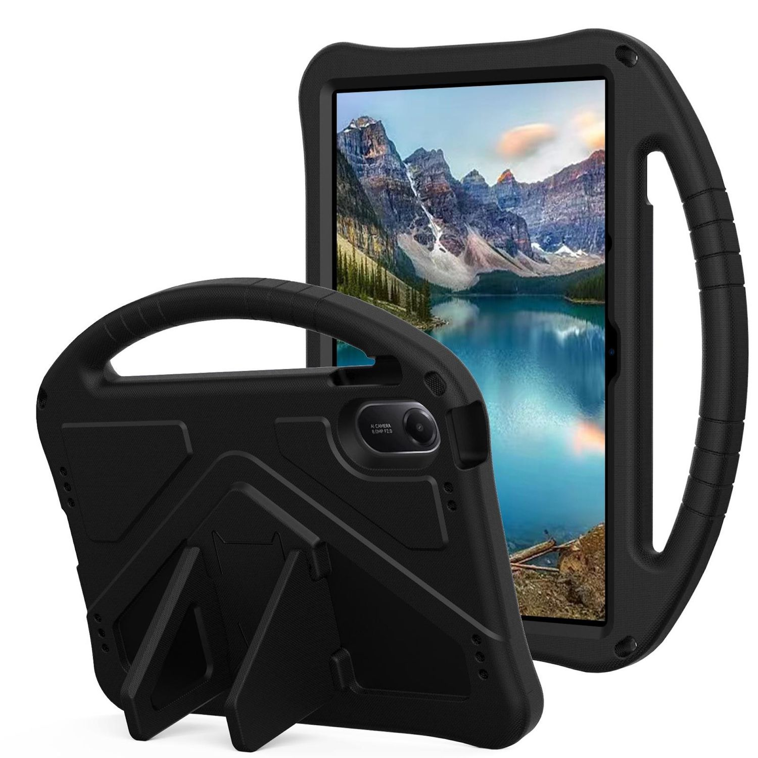 Schwarzes Tablet mit Schutzhülle, eingebautem Ständer. Das Tablet zeigt eine malerische Aussicht auf Berge und einen See.