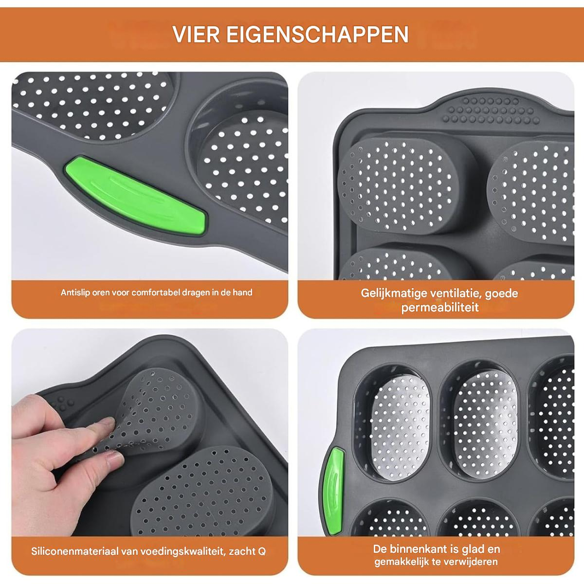 Das Bild zeigt eine graue Backform mit 4 Eigenschaften: rutschfeste Griffe, gleichmäßige Belüftung, lebensmittelechtes Silikon und einfaches Entfernen.