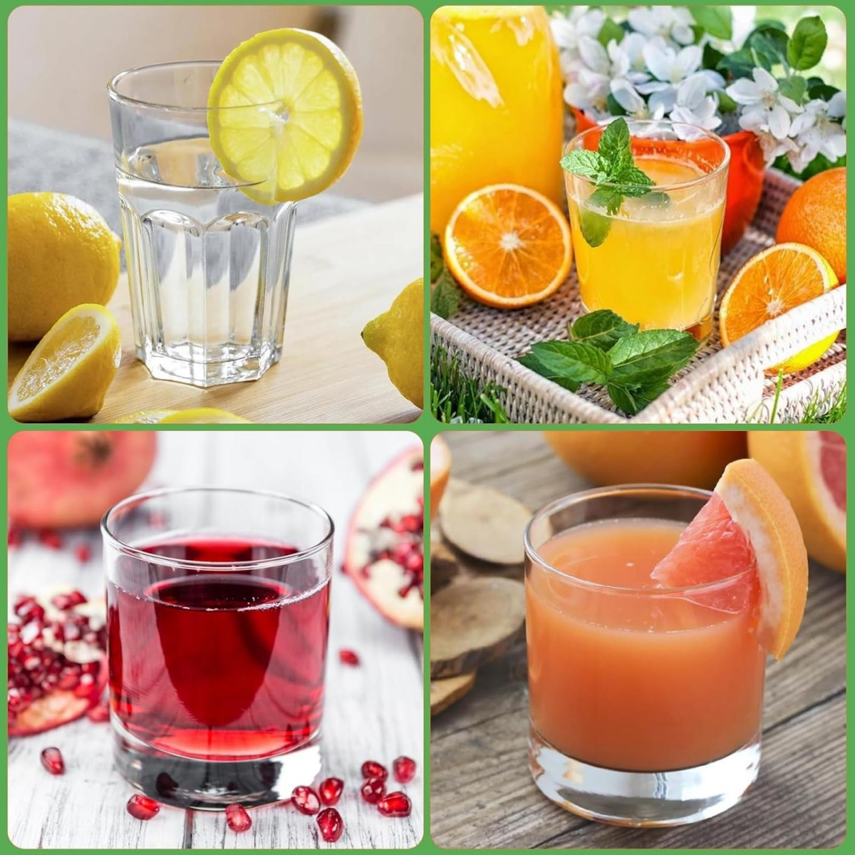 Vier Gläser mit verschiedenen Getränken: Zitronenwasser, Orangensaft, Granatapfelsaft und Grapefruitsaft, jedes mit Fruchtscheiben.