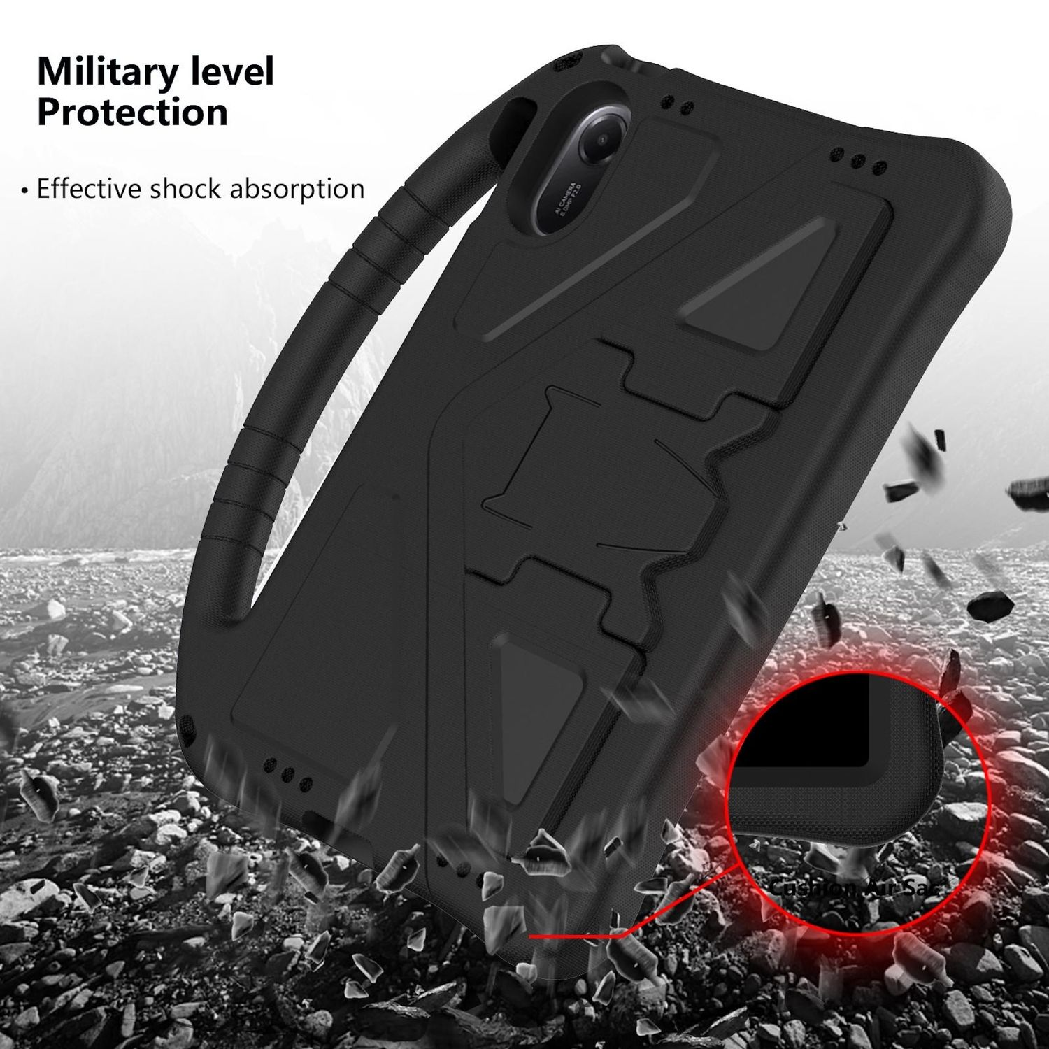 Eine schwarze Tablet-Hülle mit Griff wird gezeigt. Sie wird von Steinen getroffen, mit Text, der militärischen Schutz erwähnt.