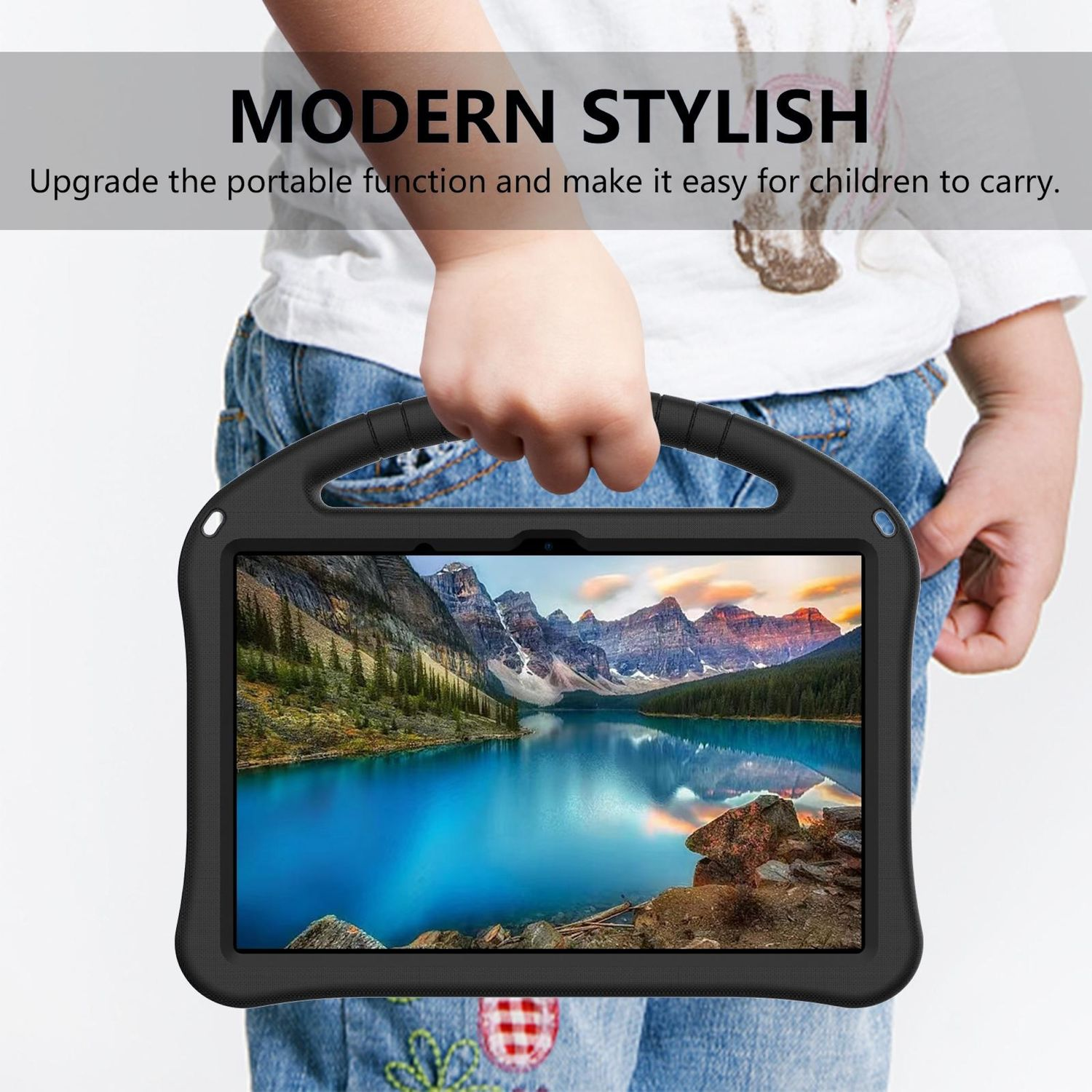 Ein Kind hält ein Tablet mit Seeblick. Das Tablet ist in einem schwarzen Gehäuse. Text lautet MODERN STYLISH.