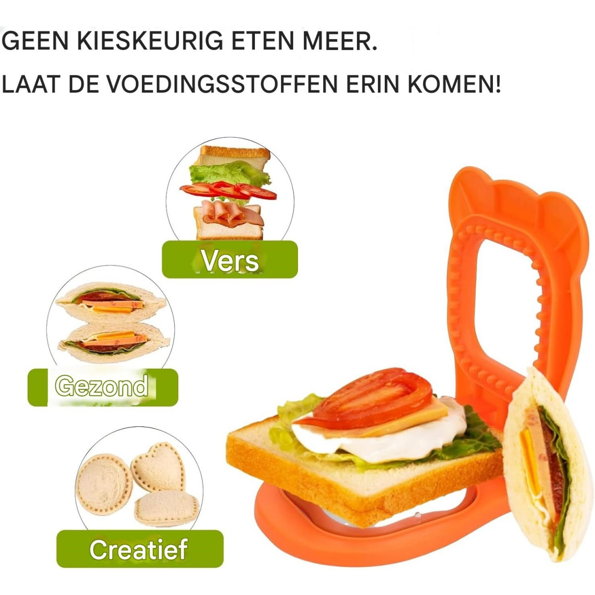 Das Bild zeigt Sandwich-Zutaten und einen orangefarbenen Sandwichschneider. Der Text enthält 'frisch', 'gesund' und 'kreativ' mit Sandwichbeispielen.