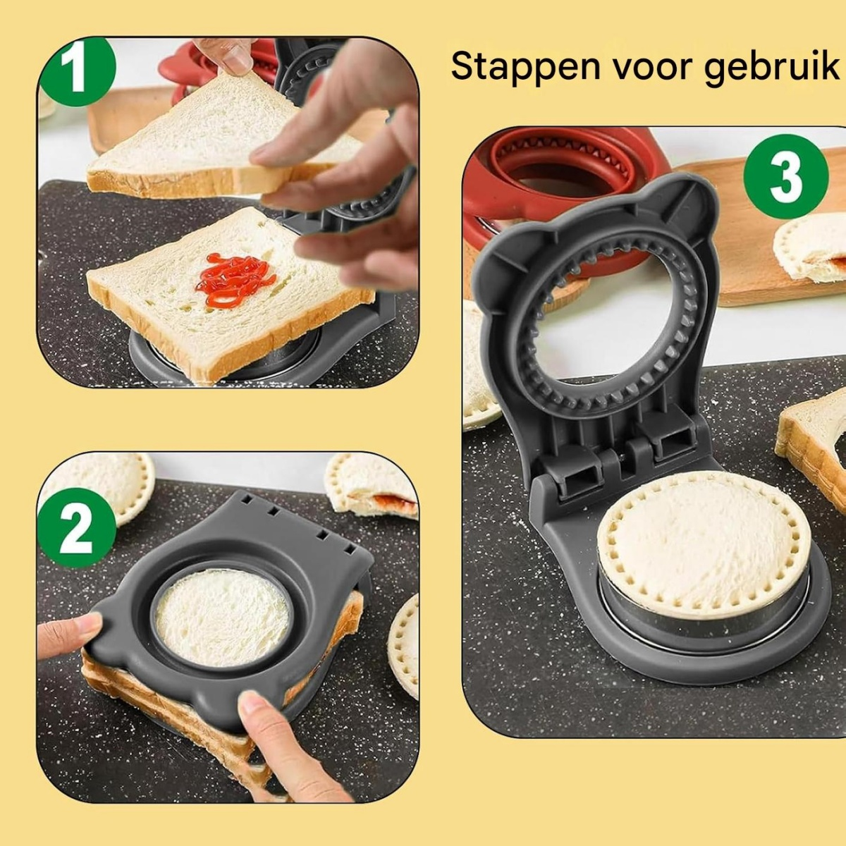 Das Bild zeigt Schritte zur Herstellung eines Sandwiches. Brot wird geschnitten und mit roter Soße gefüllt, dann schneidet und versiegelt ein Werkzeug das Sandwich.