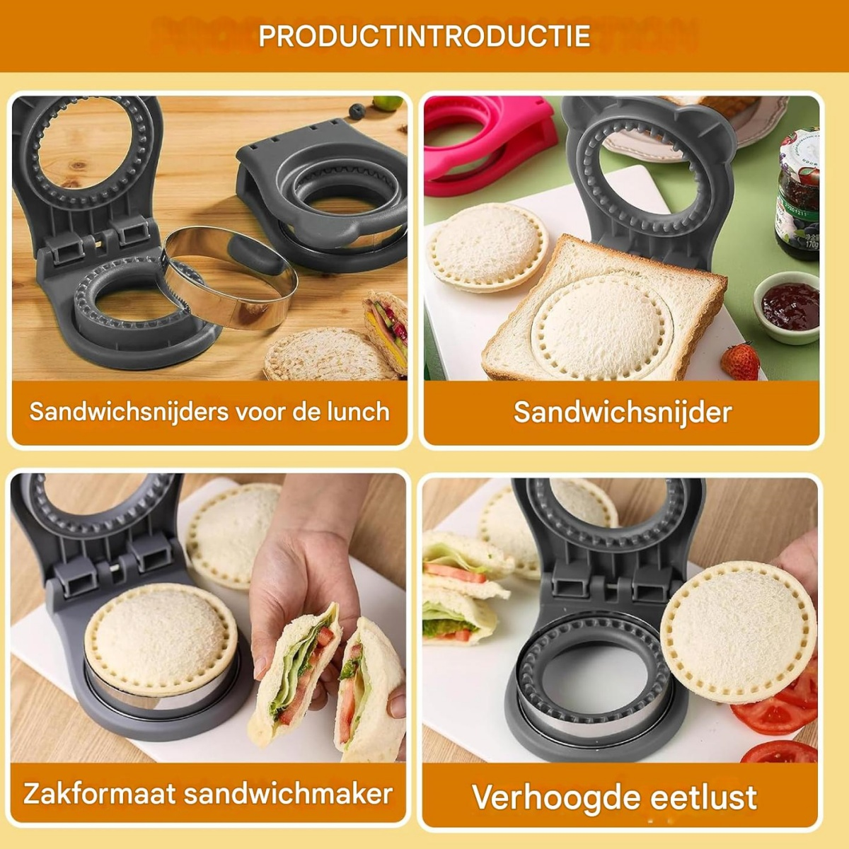 Eine Produkteinführung, die einen Sandwichschneider zeigt. Er schneidet Sandwiches in runde Formen. Verschiedene Sandwiches und Schneider werden gezeigt.
