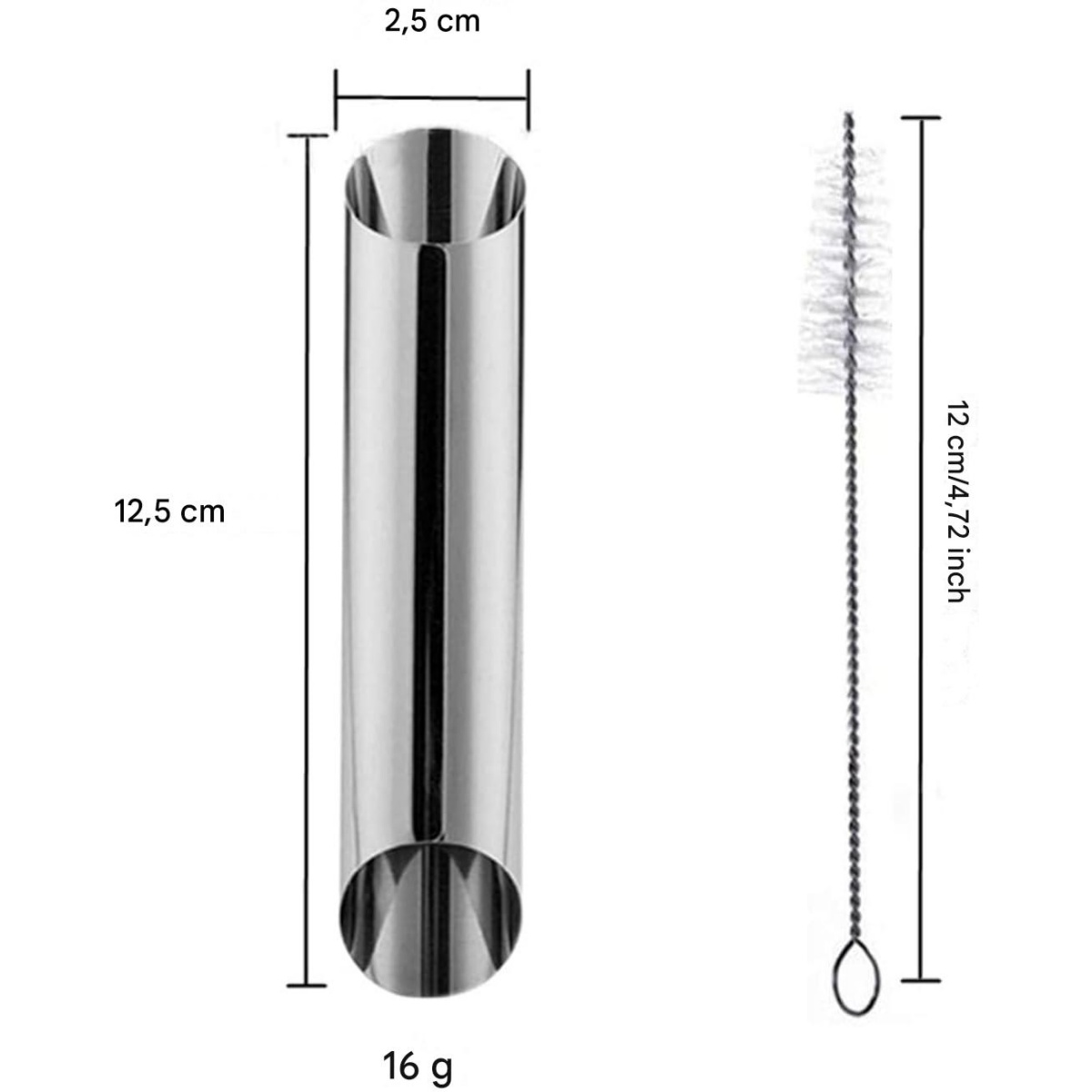 Edelstahl-Gebäckröhre und Reinigungsbürste. Röhre ist 12,5 cm lang, 2,5 cm breit und wiegt 16 g. Bürste ist 12 cm lang.