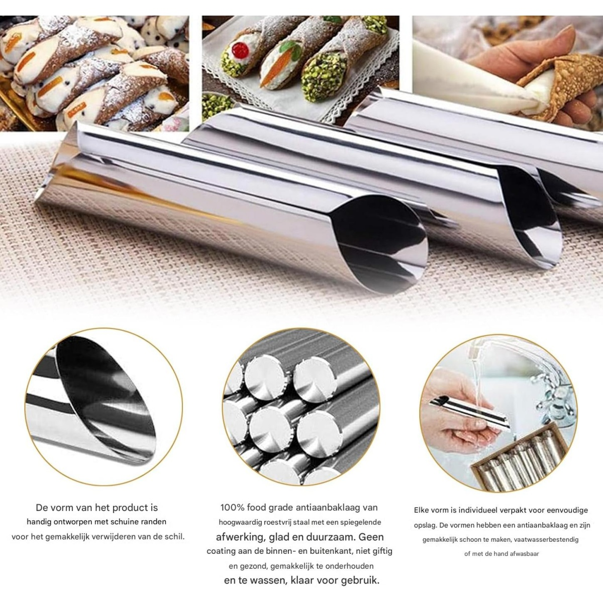 Das Bild zeigt Edelstahl-Cannoli-Formen, Cannoli-Gebäck und Produktdetails zu den Formen.