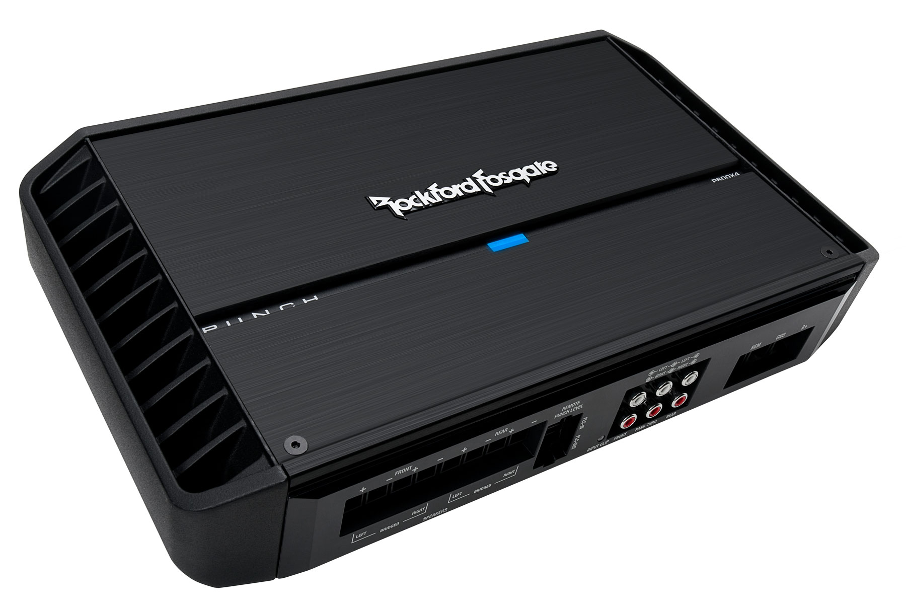 Ein schwarzer Rockford Fosgate-Auto-Verstärker. Er hat das Logo oben und verschiedene Ein-/Ausgangsanschlüsse an der Seite.