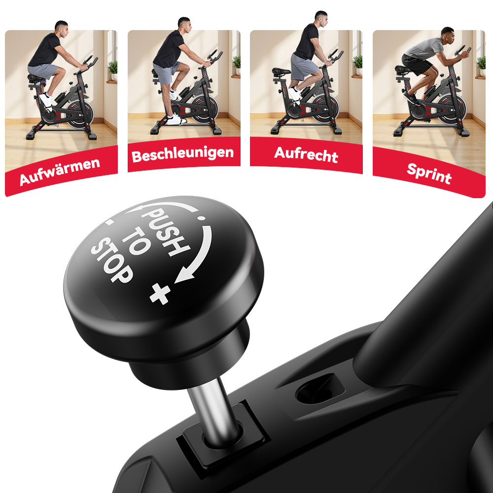 Zdjęcie przedstawia osoby ćwiczące na rowerach stacjonarnych. Etapy obejmują rozgrzewkę, przyspieszanie, pozycję wyprostowaną i sprint. Przycisk stop jest w centrum.