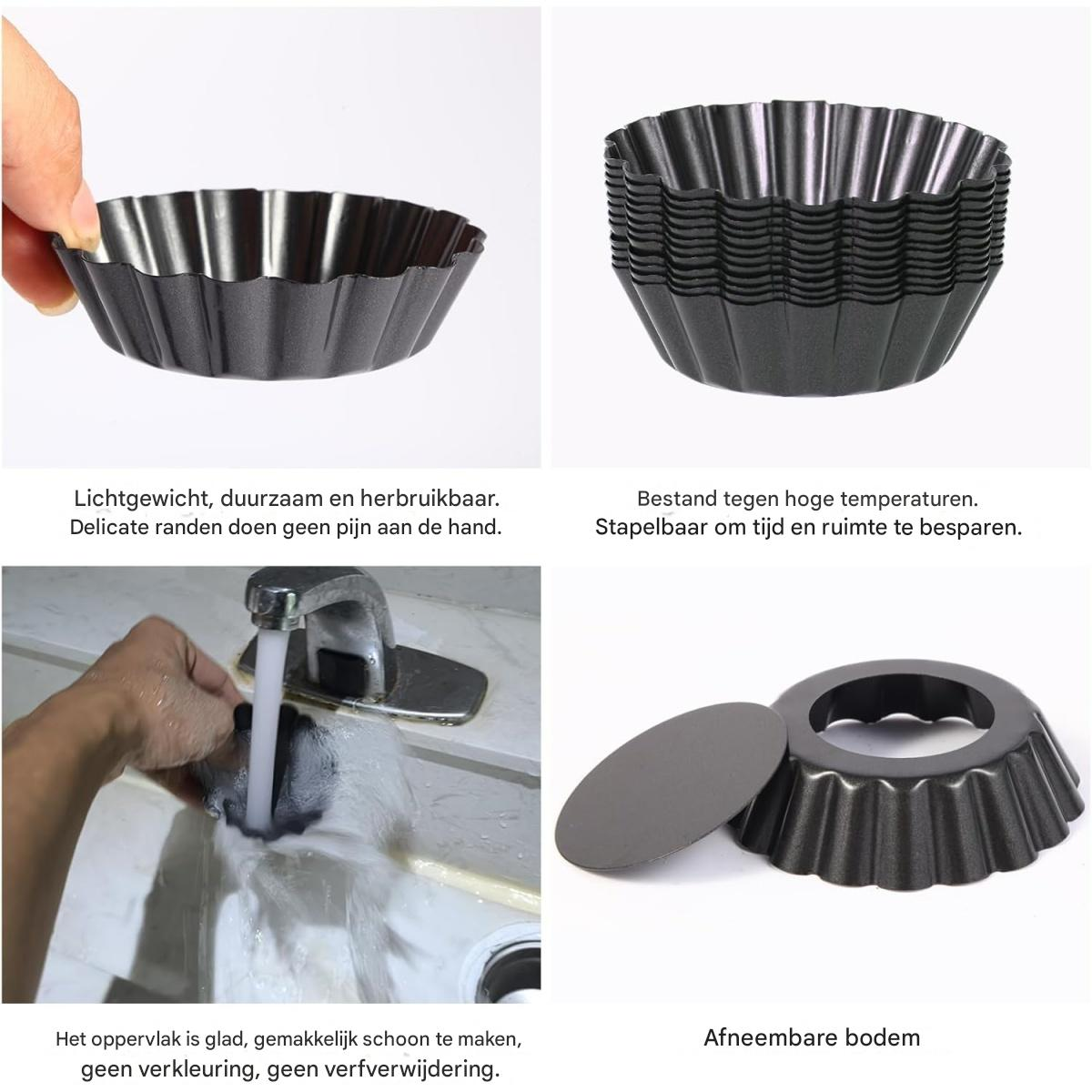 Das Bild zeigt vier Produktaufnahmen von kleinen, geriffelten, dunklen Metall-Backformen. Eine wird gehalten, eine gestapelt, eine gewaschen, eine mit losem Boden.