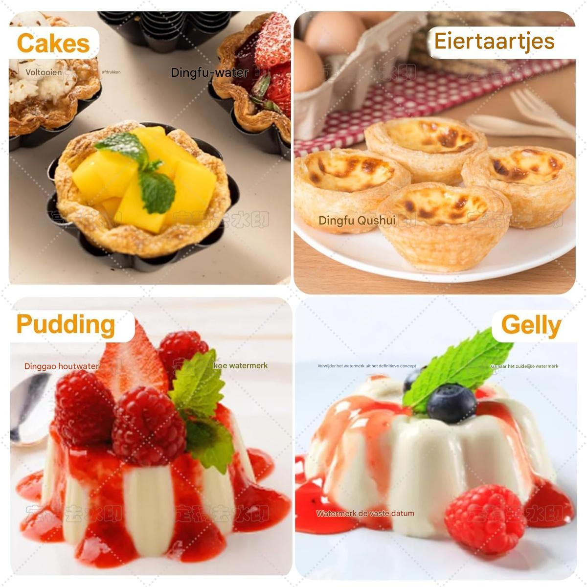 Das Bild zeigt vier Dessertkategorien: Kuchen, Eiertaartjes, Pudding und Gelly. Jede Kategorie zeigt ein anderes Dessert mit verschiedenen Früchten.