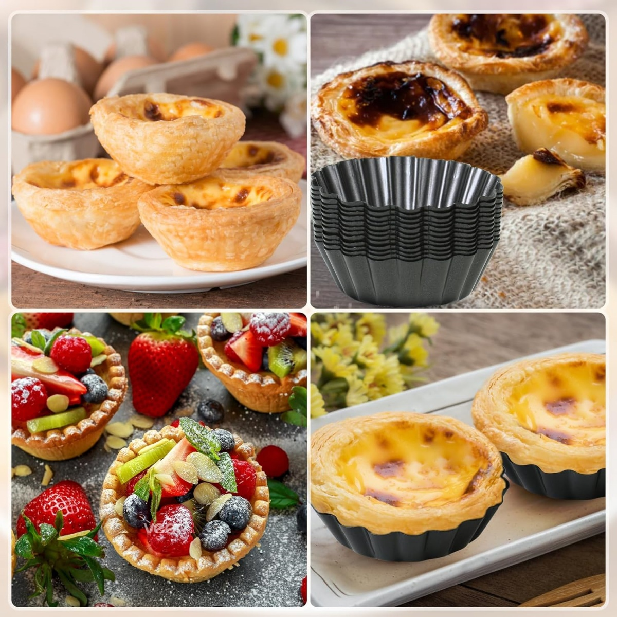 Vier Bilder mit Gebäck. Oben links: Eiertörtchen. Oben rechts: Törtchen mit schwarzen Förmchen. Unten links: Fruchttörtchen. Unten rechts: Törtchen.