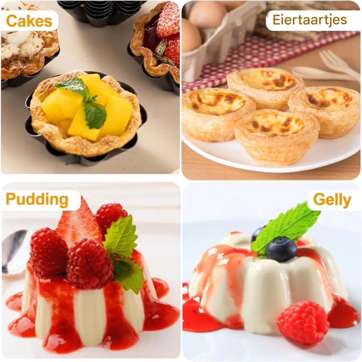 Das Bild zeigt vier verschiedene Desserts: Kuchen mit Mango, Eiertörtchen, Pudding mit Beeren und Gelee mit Beeren.