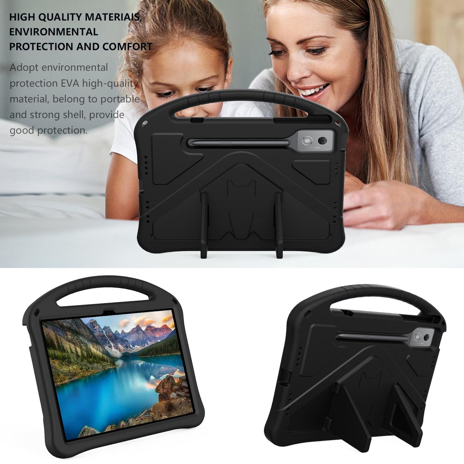 Eine schwarze Tablet-Hülle mit Griff und Ständer. Im Hintergrund sind eine Frau und ein Kind zu sehen. Das Tablet zeigt eine Landschaft.