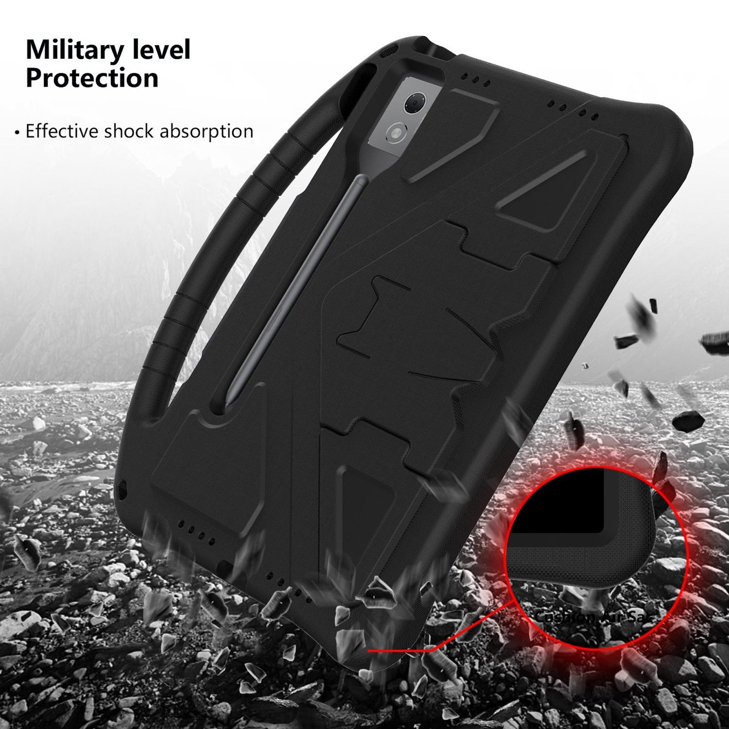 Schwarze Tablethülle mit militärischem Schutz. Effektive Stoßdämpfung. Die Hülle fällt mit Trümmern.