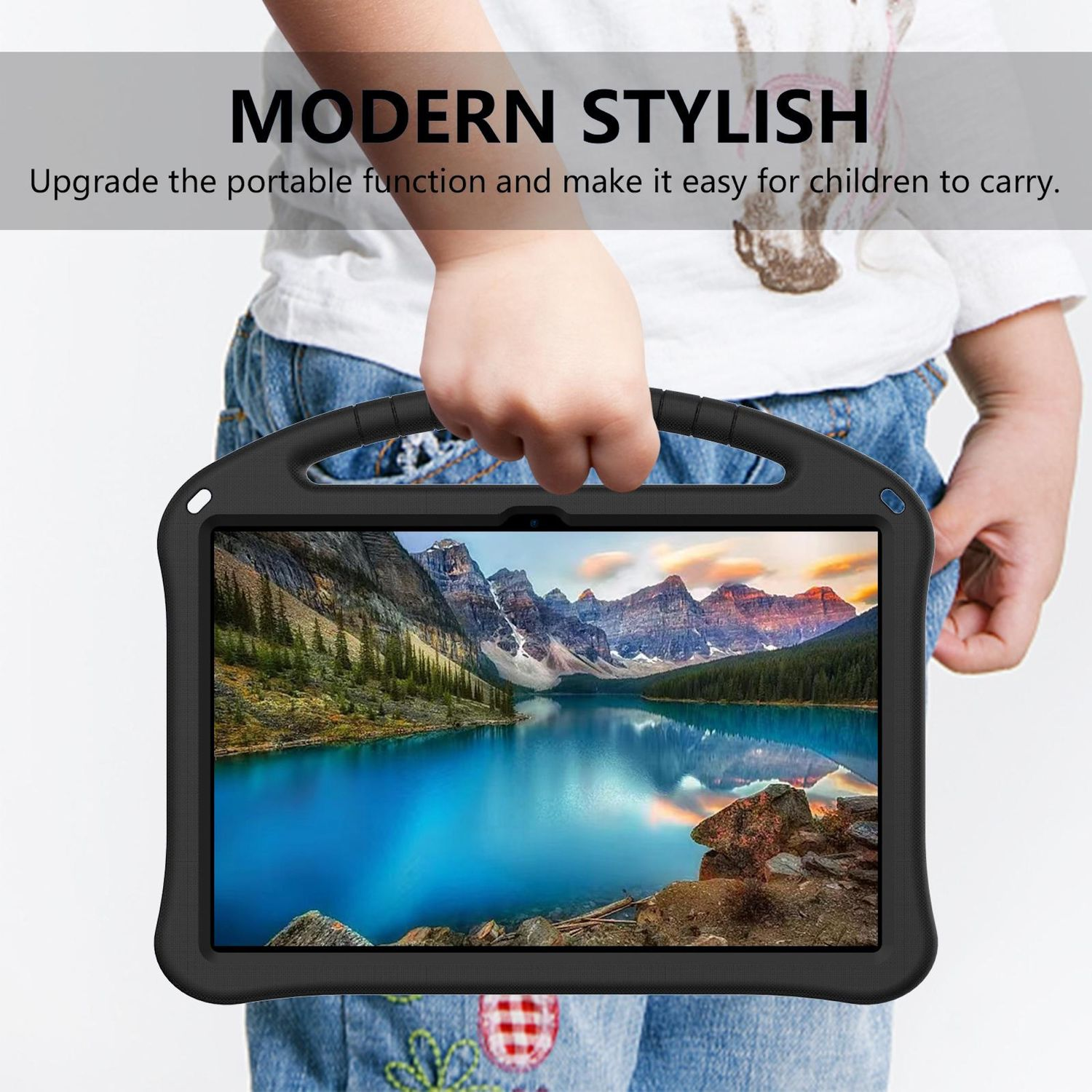 Ein Kind hält ein Tablet mit schwarzer Hülle, zeigt eine See- und Berglandschaft. Text: 'MODERN STYLISH'.