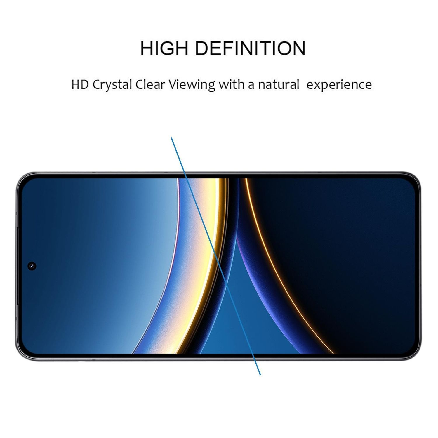 Ein Smartphone-Bildschirm mit blauem Farbverlauf, goldener Kurve und blauer Linie. Text: 'HIGH DEFINITION' und 'HD Crystal Clear Viewing'.