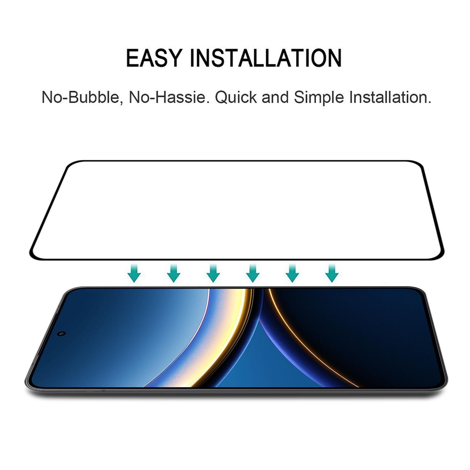 Das Bild zeigt, wie ein Displayschutz auf ein Telefon aufgebracht wird. Der Text lautet 'Einfache Installation'.