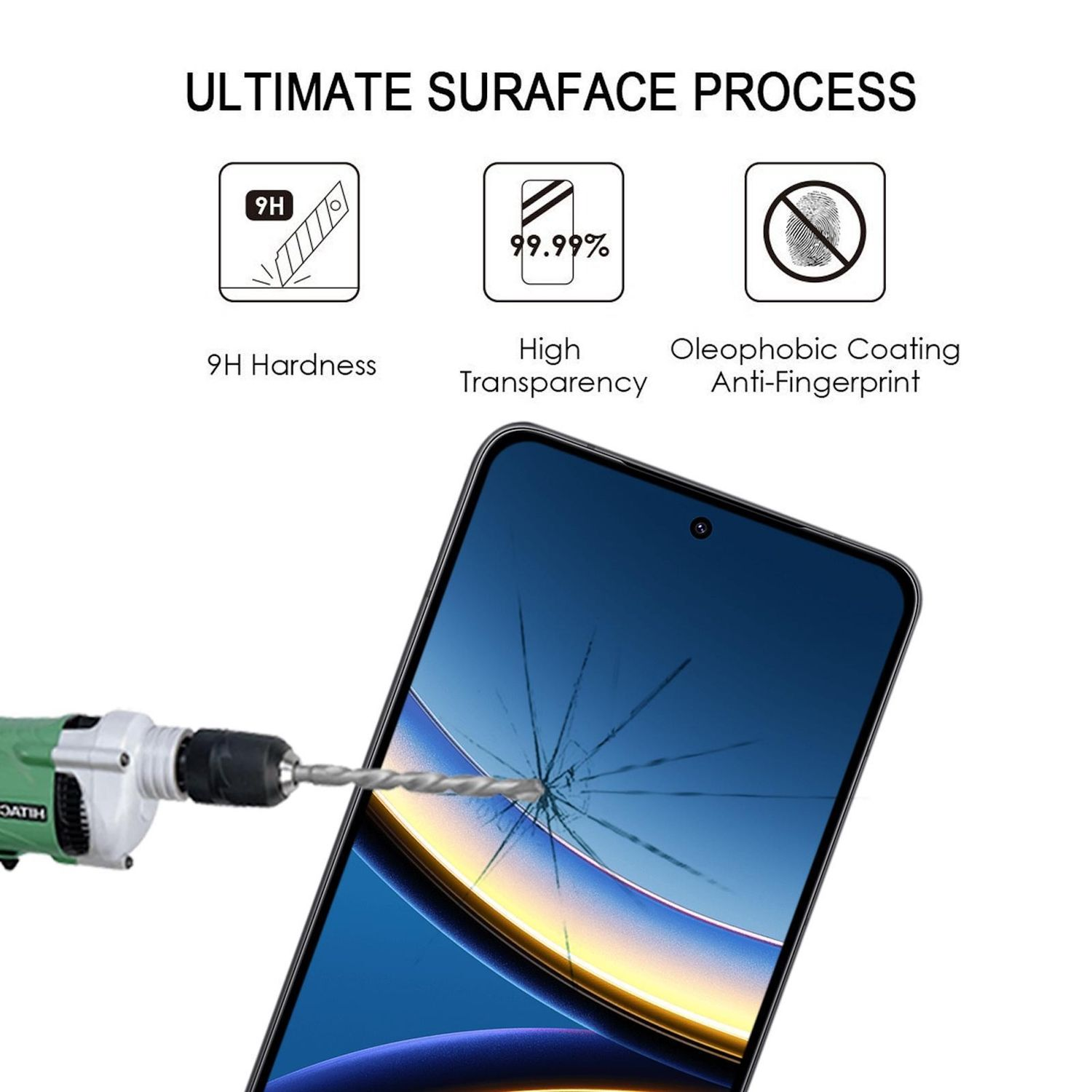 Das Bild zeigt, wie ein Telefonbildschirm gebohrt wird, mit Symbolen für 9H-Härte, hohe Transparenz und Anti-Fingerabdruck-Beschichtung.