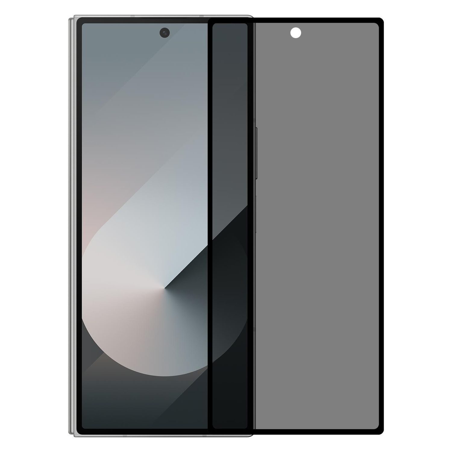 Ein Smartphone mit Displayschutzfolie. Der Bildschirm ist in zwei Teile geteilt, einer mit Kamera, der andere mit weißem Punkt.