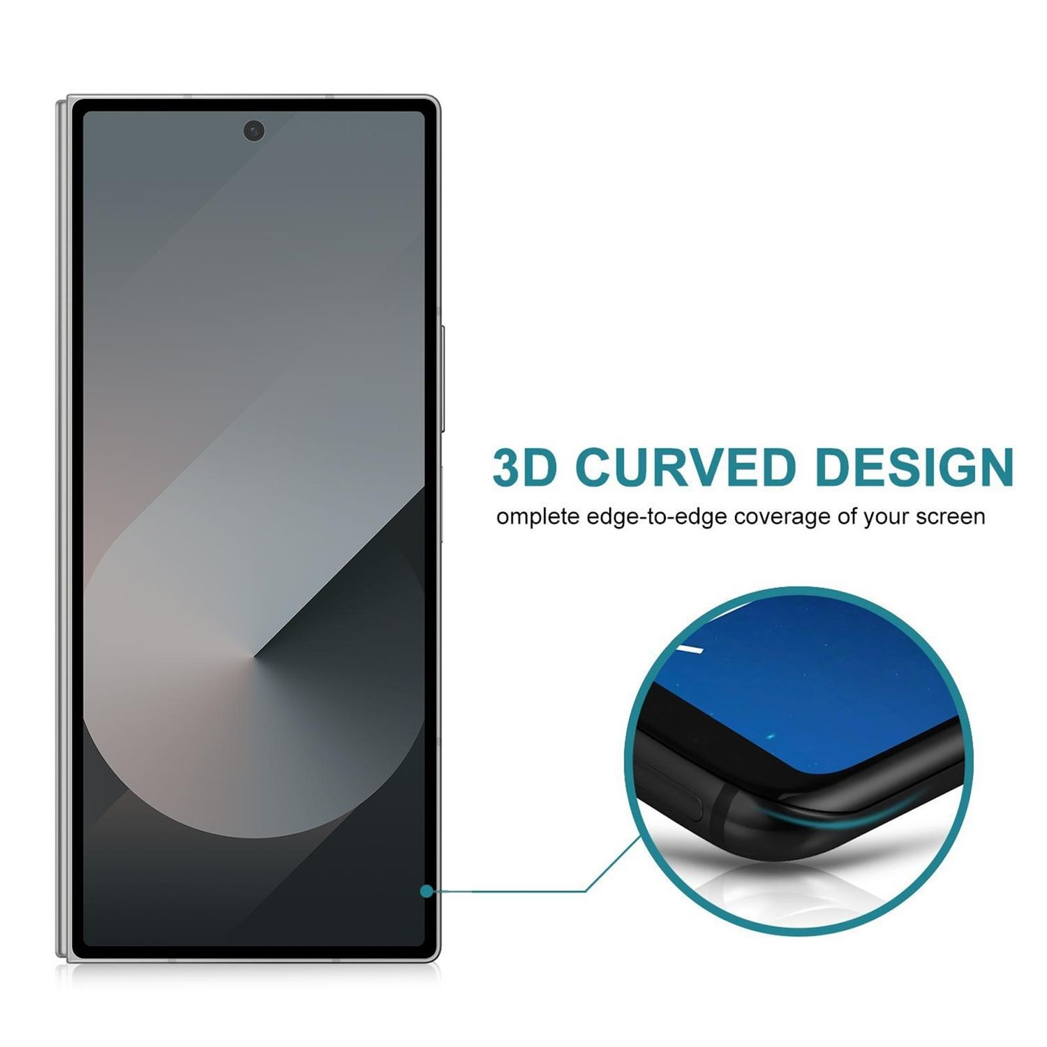 Auf dem Bild wird ein Smartphone mit einer gewölbten Displayschutzfolie gezeigt. Eine Nahaufnahme zeigt die gewölbte Kante.