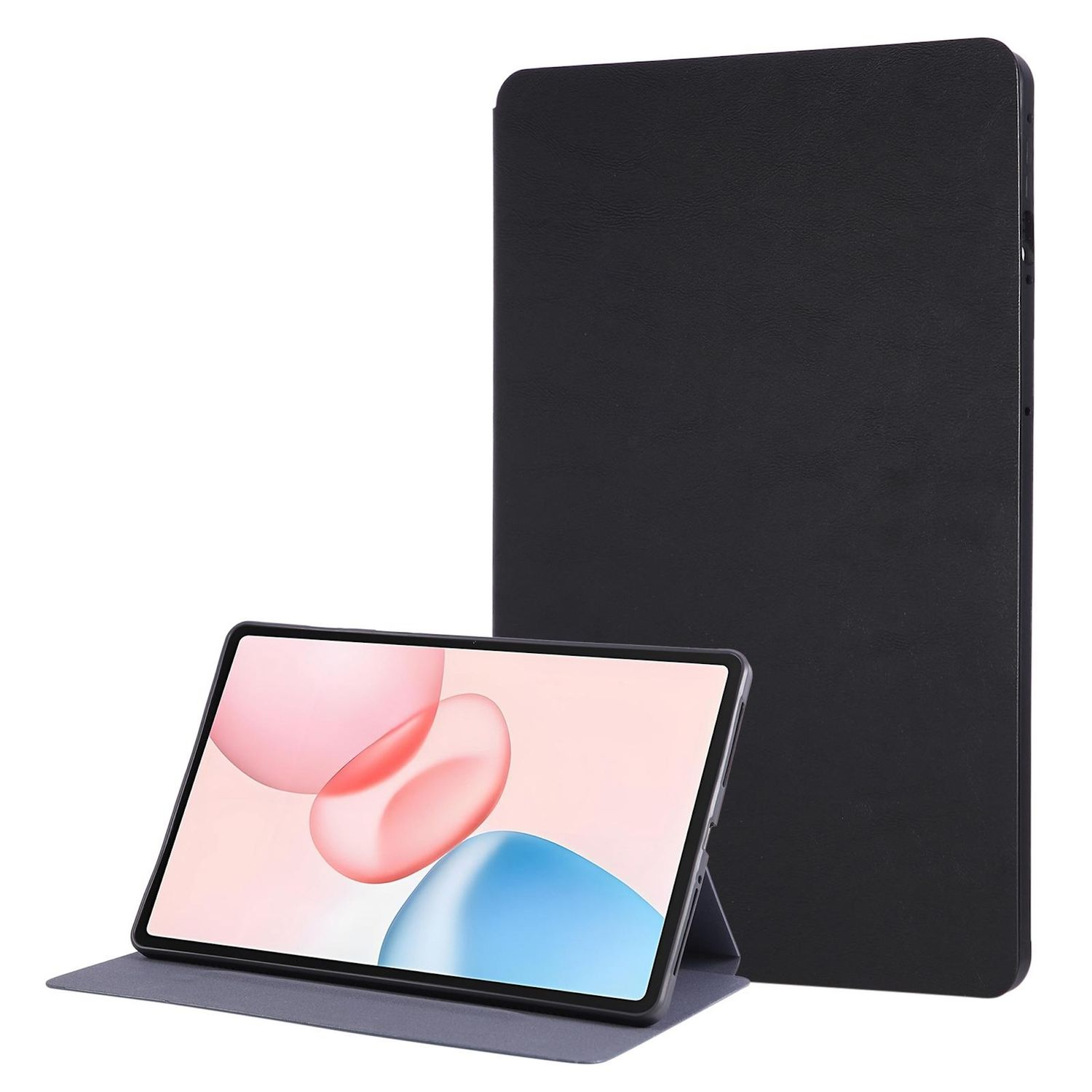 Ein Tablet mit rosa und blauem Bildschirm steht vor einer schwarzen Hülle. Der Hintergrund ist weiß.