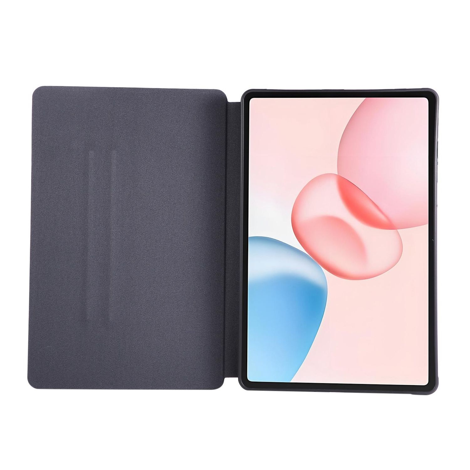 Tablet in dunkler grauer Hülle, geöffnet. Bildschirm zeigt rosa und blaue abstrakte Formen auf hellrosa Hintergrund.