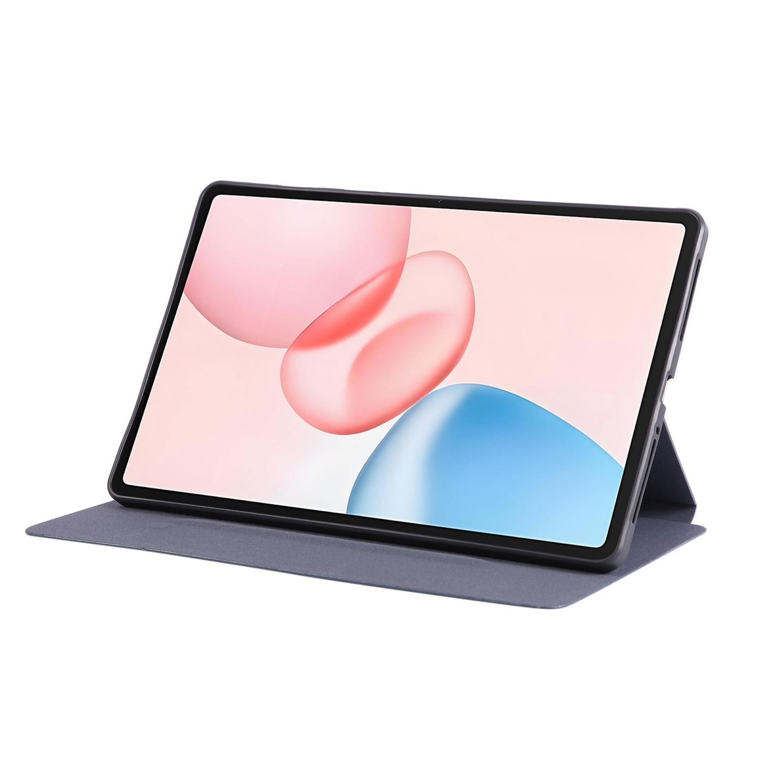 Ein Tablet mit Hülle ist geöffnet. Der Bildschirm zeigt abstrakte Formen. Die Hülle ist grau, das Tablet schwarz.