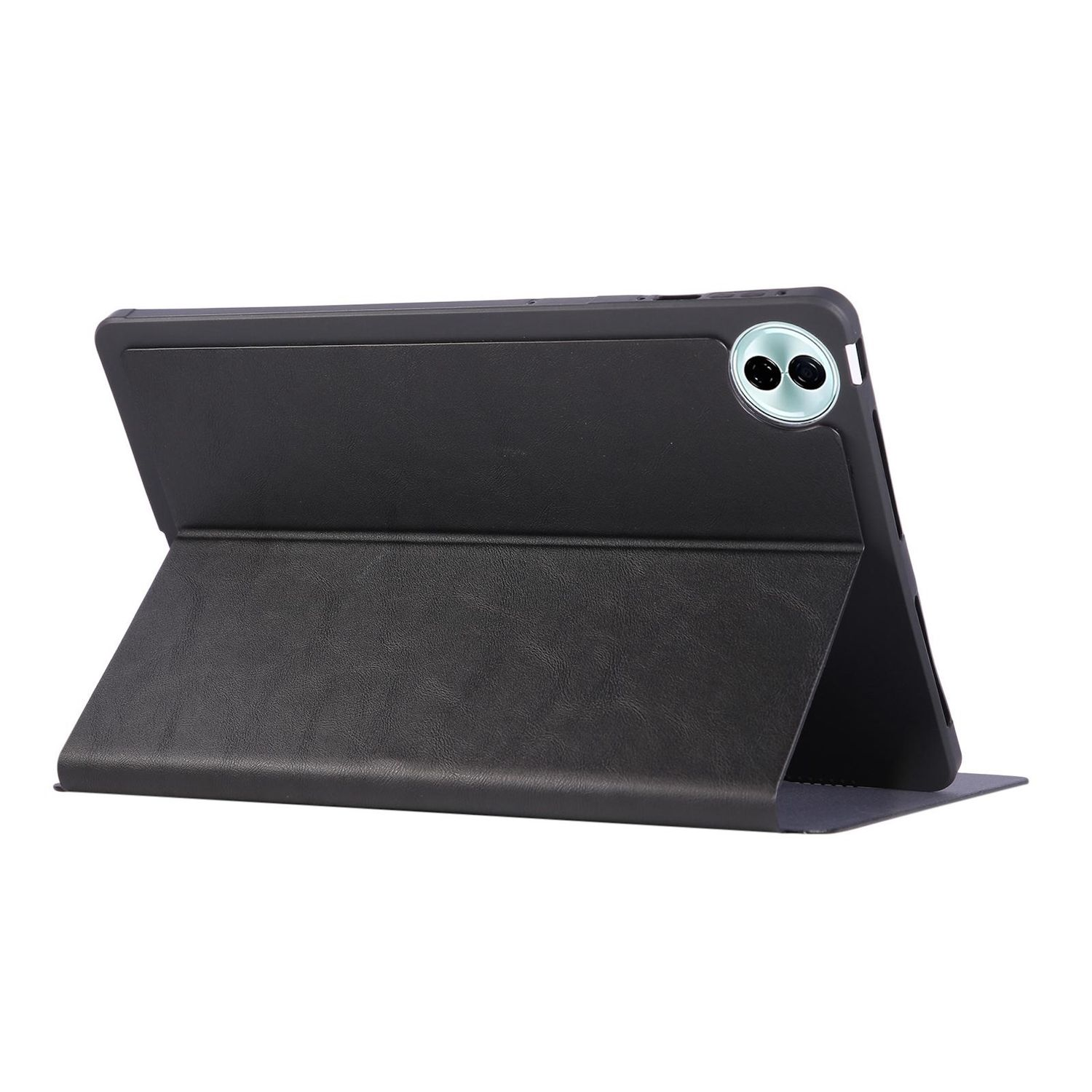 Eine schwarze Tablethülle ist geöffnet, mit dem Tablet darin. Die Hülle ist abgewinkelt, und der Hintergrund ist weiß.