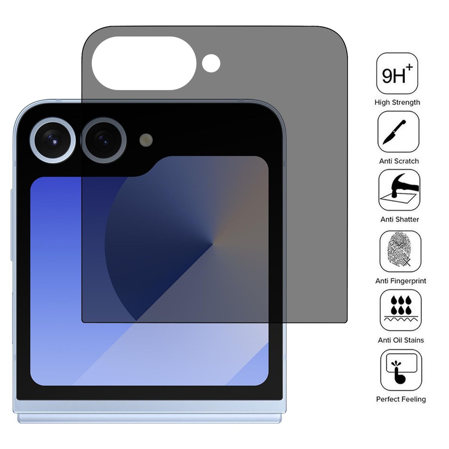 Ein Telefon mit Displayschutzfolie. Symbole zeigen Eigenschaften: hohe Festigkeit, kratzfest, bruchsicher, Anti-Fingerabdruck, Anti-Ölflecken, perfektes Gefühl.