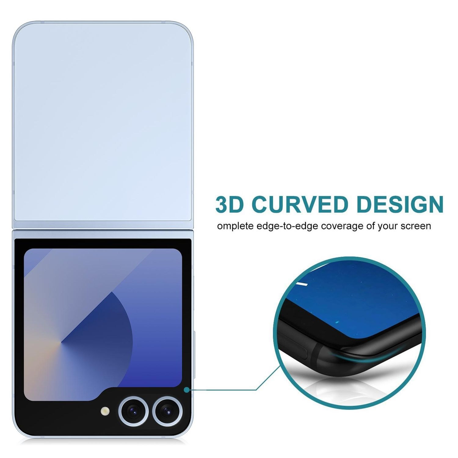 Faltbares Telefon mit Displayschutzfolie. Der Text lautet "3D CURVED DESIGN" mit "vollständiger Rand-zu-Rand-Abdeckung Ihres Bildschirms".