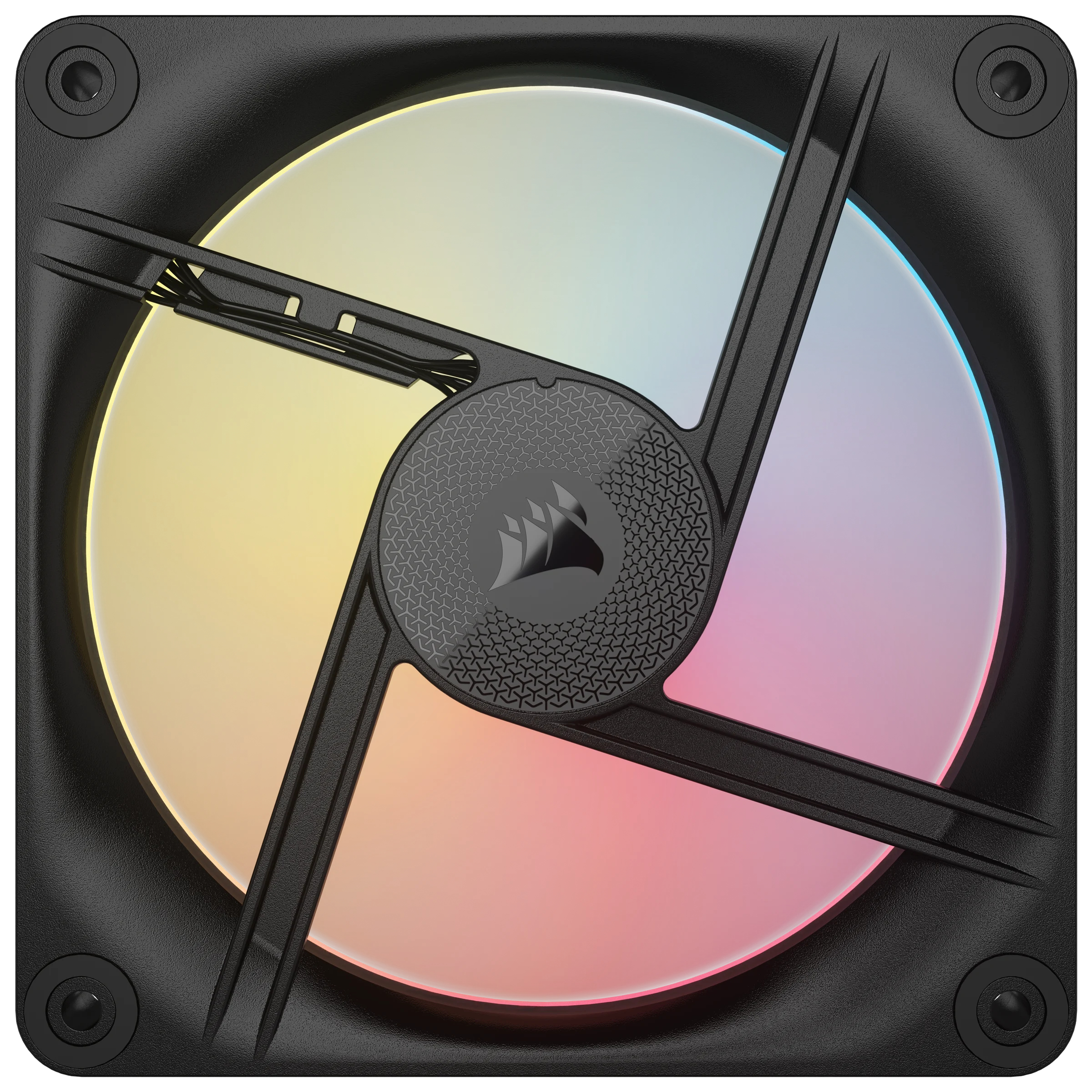 Wentylator komputerowy z czarną ramą i tęczowym efektem świetlnym w środku.