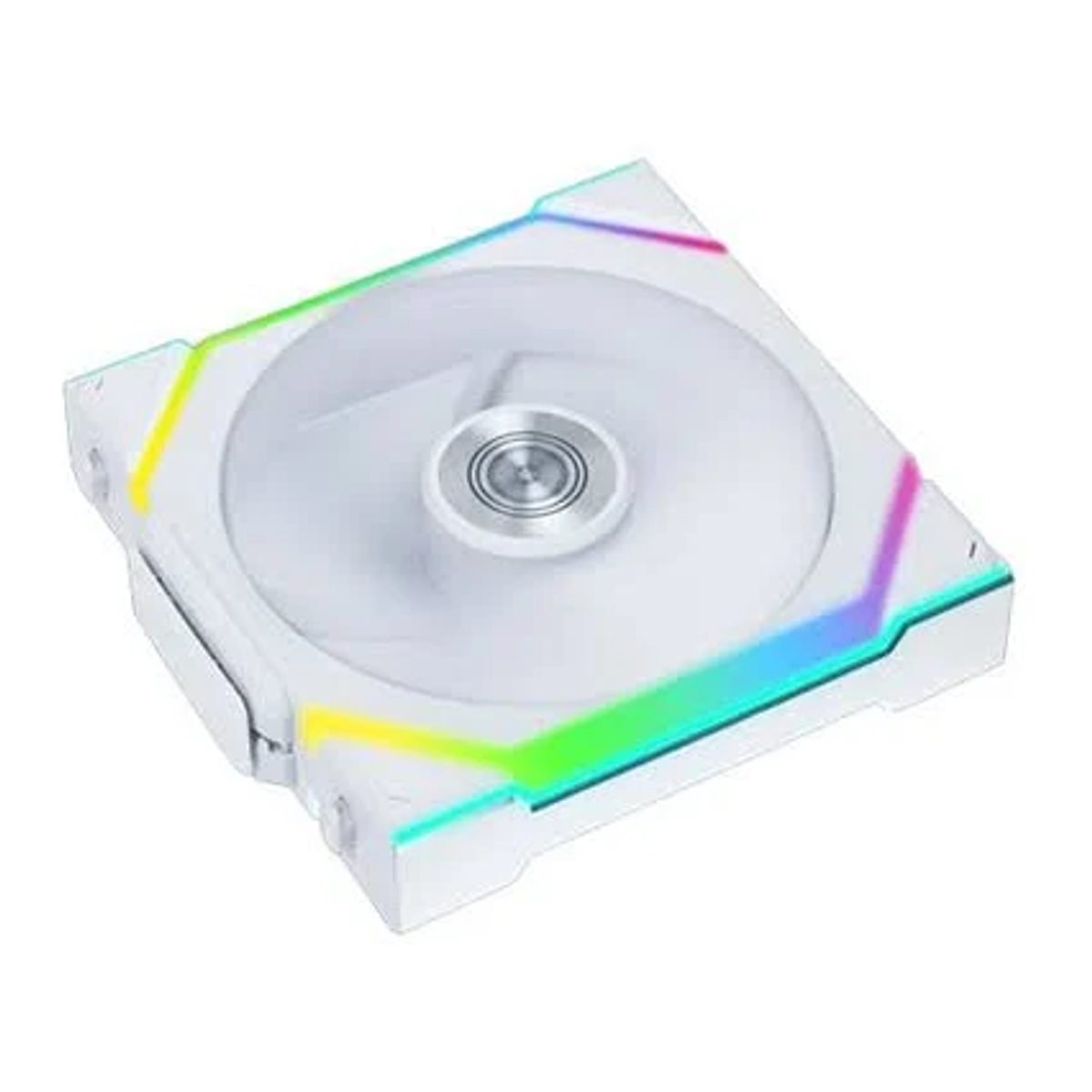 White computer fan with RGB lights. The fan has a clear center and a silver central hub. The frame is white with colorful edges.