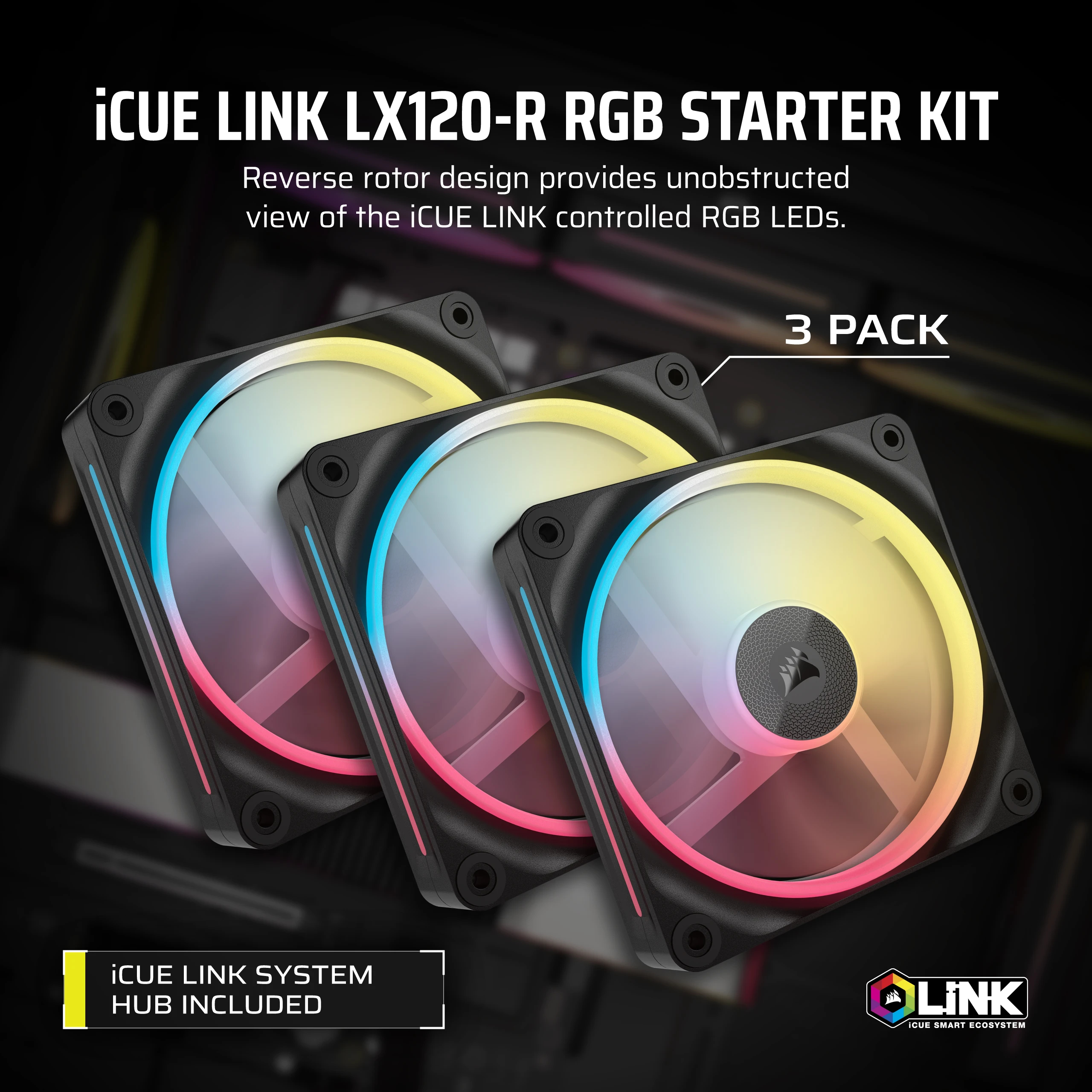 Trzy wentylatory RGB z kolorowymi światłami. Tekst: iCUE LINK LX120-R RGB STARTER KIT. Czarne tło.