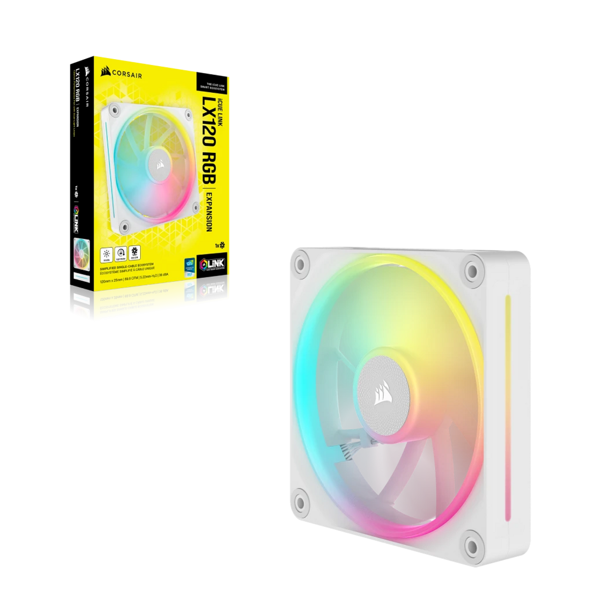 Biały wentylator Corsair LX120 RGB z kolorowymi diodami LED jest wyświetlany obok swojego pudełka. Pudełko jest żółte i czarne.