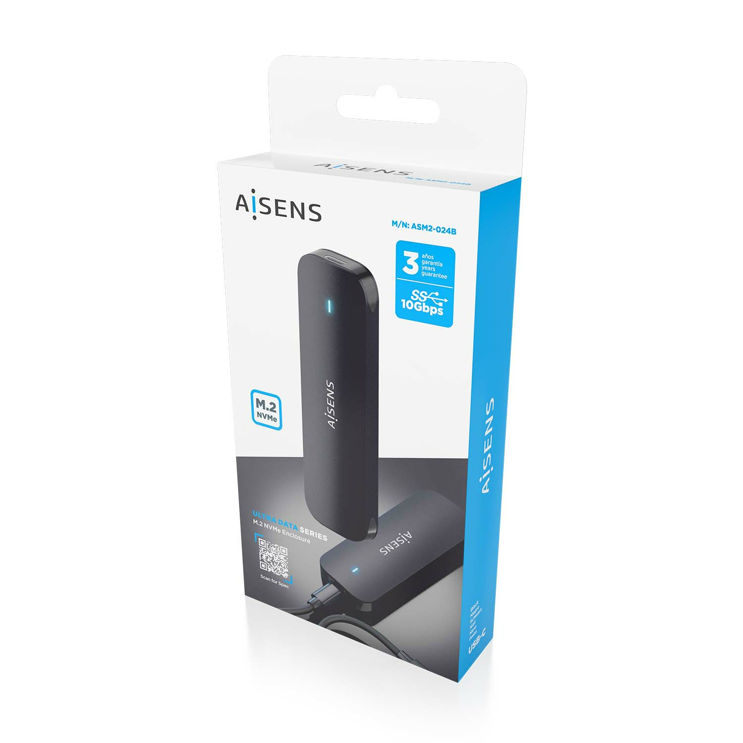 Una caja de producto con una carcasa M.2 NVMe negra. La caja es blanca con detalles azules y la marca 'AiSens'.