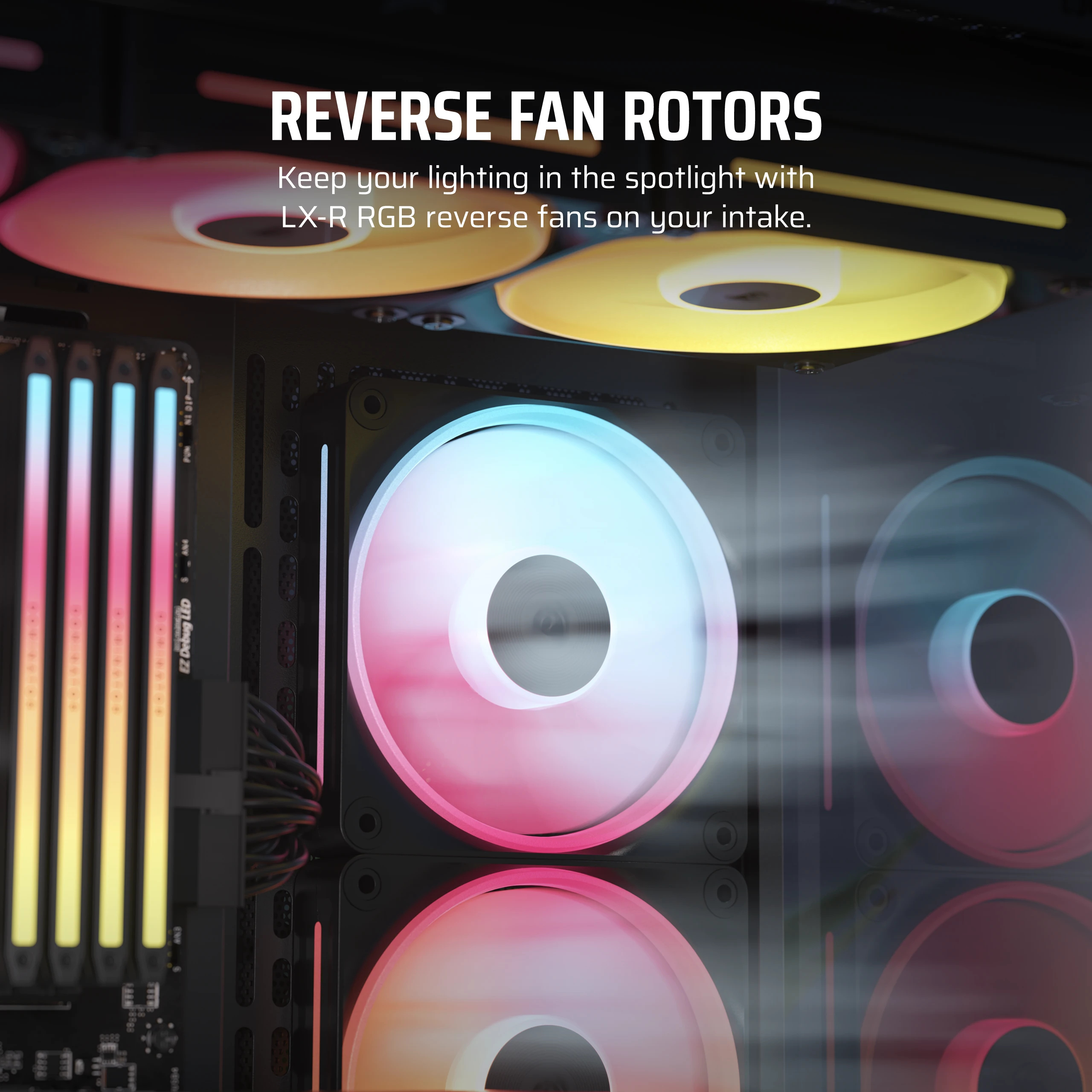 Komponenty PC z wentylatorami RGB. Wentylatory są różowe, żółte i niebieskie. Tekst brzmi 'REVERSE FAN ROTORS'.