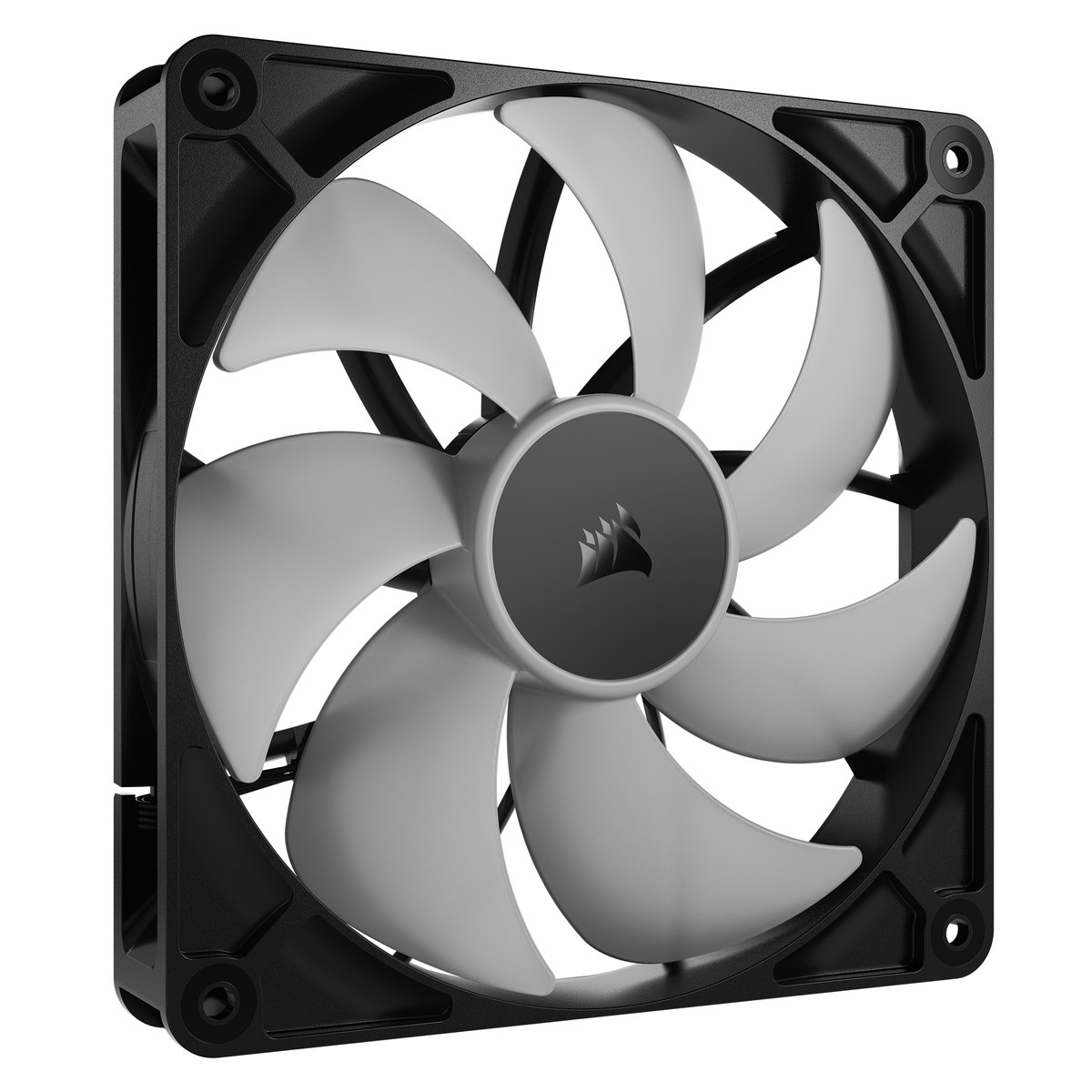 Un ventilateur d'ordinateur avec des pales grises et un cadre noir. Le centre a un cercle noir avec le logo Corsair.