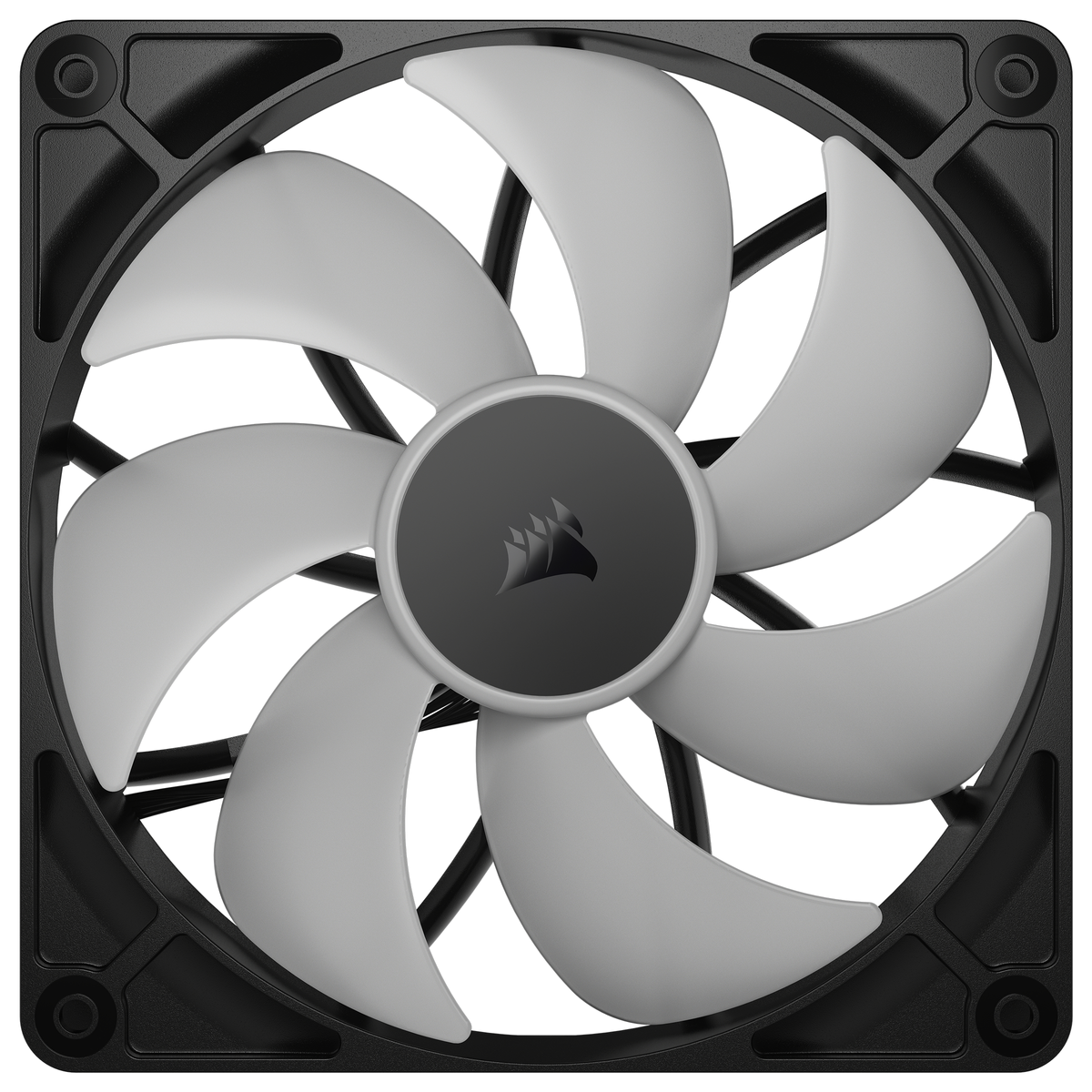 Un ventilateur d'ordinateur avec des pales grises et un cadre noir. Le centre porte un logo Corsair. Le ventilateur est sur fond blanc.