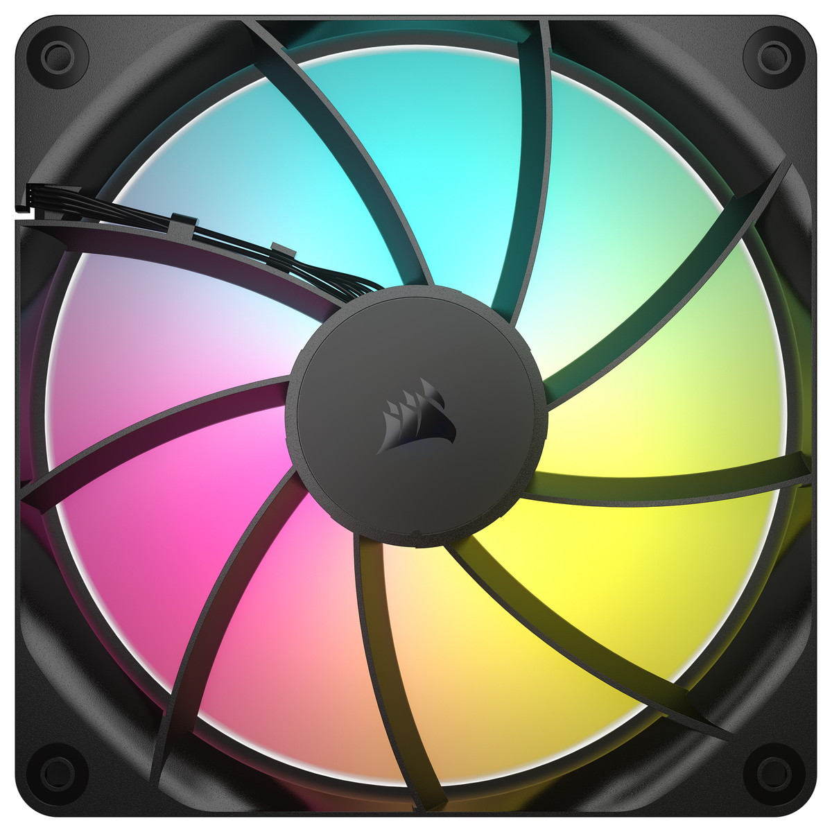 Un ventilateur d'ordinateur avec des pales colorées. Il a un cadre noir et un moyeu central avec le logo Corsair. Les pales sont éclairées.
