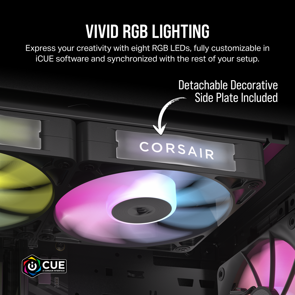 Komponent PC z wentylatorami RGB, logo Corsair i interfejsem iCUE. Zdejmowana płyta boczna. Żywe oświetlenie RGB.